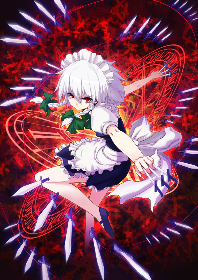29 (artist), izayoi sakuya, touhou, 1girl, between fingers, braid, female focus, holding, knife, magic circle, maid, maid headdress, red eyes, solo, throwing knife, twin braids, weapon, white hair