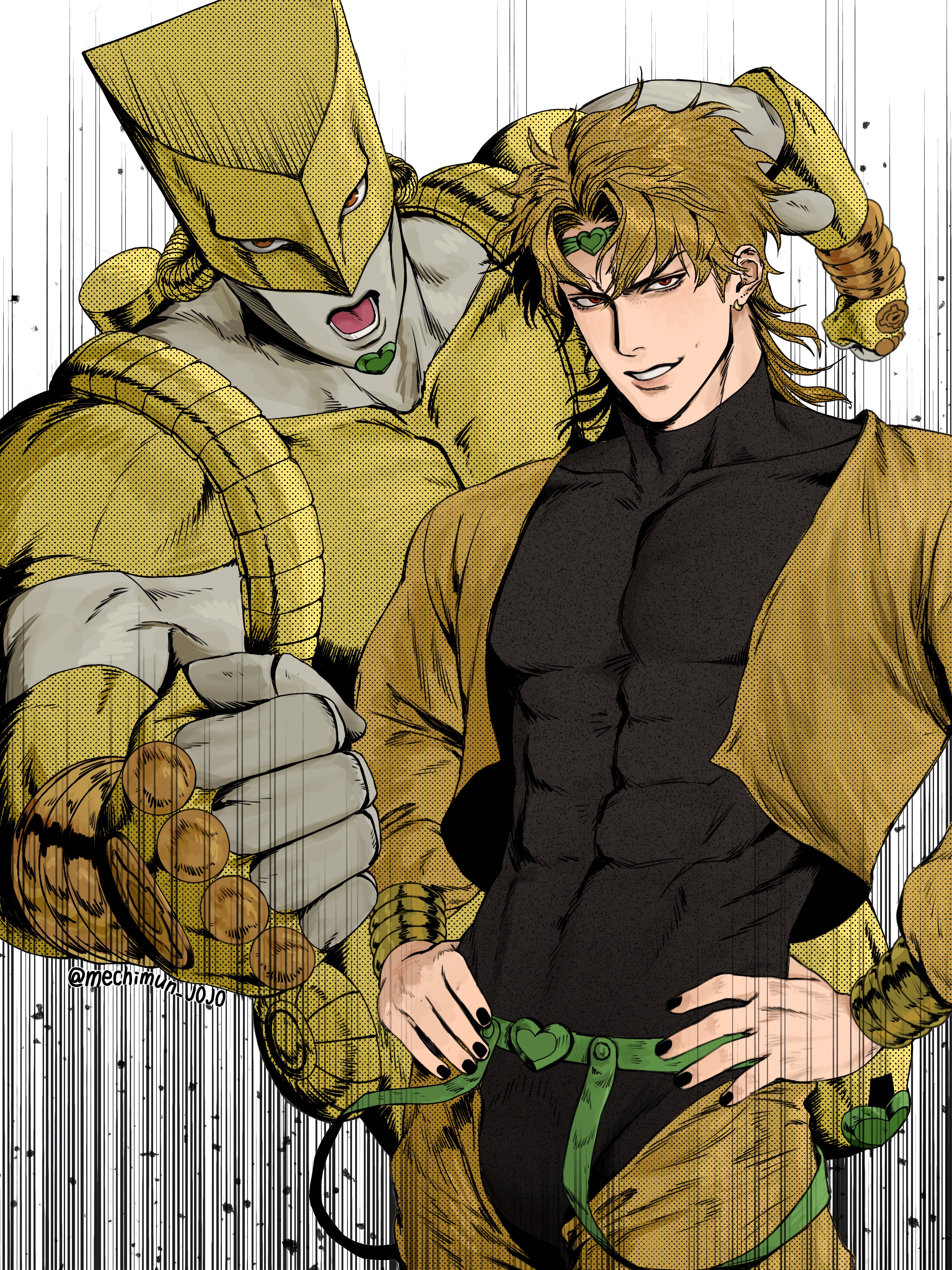 mechimun jojo, dio brando, the world, jojo no kimyou na bouken, phantom blood, absurdres, commentary, hashtag-only commentary, highres, 1boy, 1other, abs, black nails, blonde hair, bulge, covered abs, covered navel, covered pectorals, hand on own hip, incoming attack, incoming punch, lower teeth only, male focus, muscular, muscular male, navel, open mouth, pectorals, punching, red eyes, short hair, stand (jojo), teeth