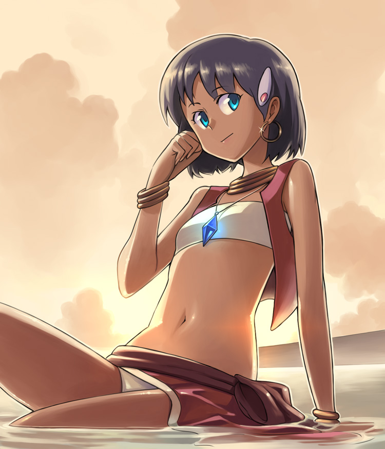 bowieknife, nadia la arwall, fushigi no umi no nadia, 1990s (style), 1girl, arm support, bandeau, bandeau bikini, bare shoulders, beach, black hair, blue eyes, bracelet, dark-skinned female, dark skin, earrings, female focus, flat chest, hair ornament, hairclip, hoop earrings, jewelry, loincloth, midriff, navel, neck ring, partially submerged, pelvic curtain, retro artstyle, short hair, sitting, smile, solo, strapless, sunset, tube top, twilight, vest, water