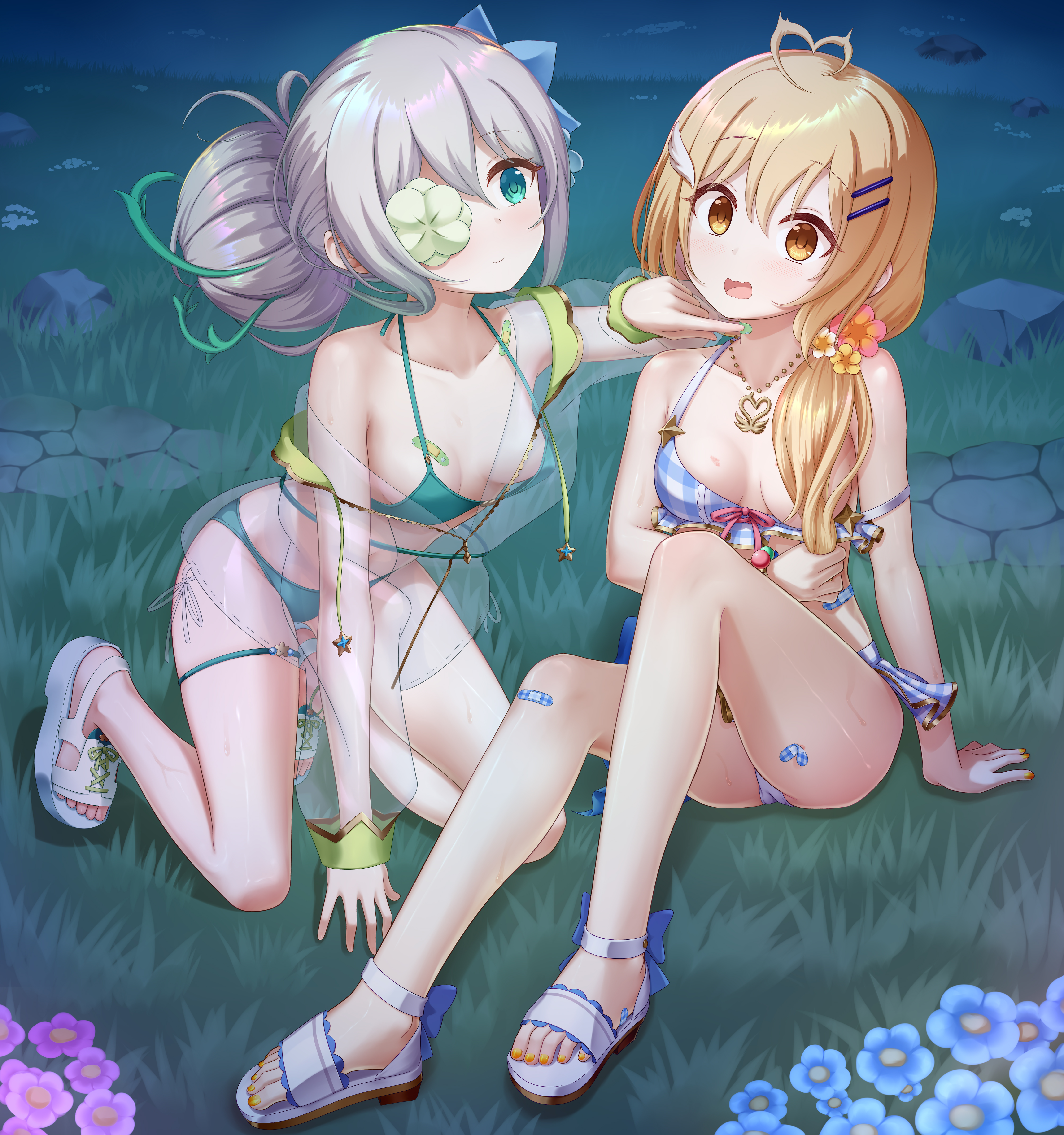 gplnbeat, anemone (princess connect!), anemone (summer) (princess connect!), clear (princess connect!), clear (summer) (princess connect!), princess connect!, absurdres, highres, 2girls, ahoge, applying bandaid, arm support, bandaid, bandaid on knee, bandaid on leg, bandaid on neck, bikini, blonde hair, blue bikini, breasts, closed mouth, collarbone, feather hair ornament, feathers, flower, flower eyepatch, flower over eye, full body, green bikini, green eyes, grey hair, hair bun, hair flower, hair ornament, hair over shoulder, hair vines, hairclip, heart, heart ahoge, holding, holding own hair, jewelry, kneeling, long hair, medium breasts, multiple girls, necklace, open mouth, outdoors, parallel hairclips, plaid bikini, plaid clothes, platform sandals, sandals, see-through clothes, sitting, small breasts, swimsuit, thigh strap, thorns, toes, yellow eyes