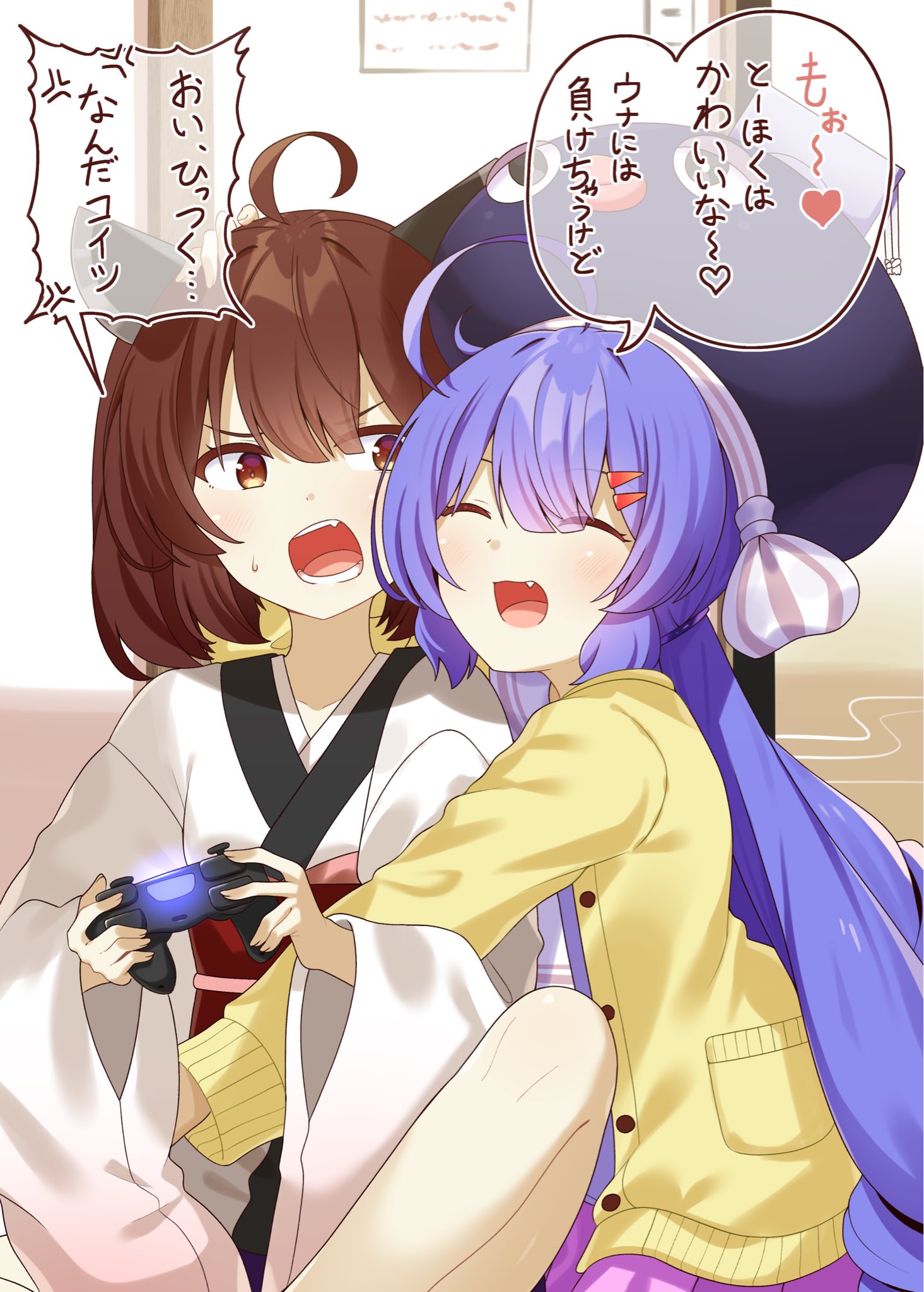 chaakusu, otomachi una, touhoku kiritan, talkex, voiceroid, commentary request, highres, 2girls, ^ ^, ahoge, blue hair, blue hat, brown eyes, brown hair, cardigan, closed eyes, controller, double-parted bangs, dress, eel hat, fang, forced hug, game controller, hair ornament, hairclip, hat, headgear, holding, holding controller, holding game controller, hug, indian style, indoors, jacket, japanese clothes, kimono, large hat, long hair, long sleeves, looking at another, low twintails, medium hair, mortarboard, multiple girls, obi, obiage, obijime, red sash, sash, sitting, smile, speech bubble, twintails, v-shaped eyebrows, very long hair, white kimono, wide sleeves, yellow cardigan