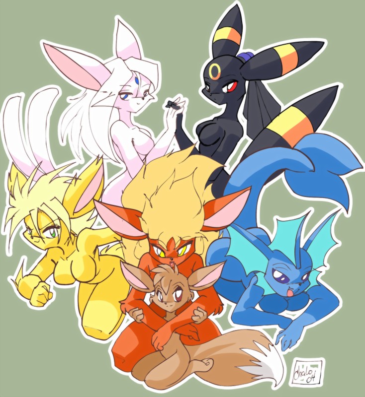 chalosan, eevee, espeon, flareon, jolteon, umbreon, vaporeon, pokemon, animal ears, barefoot, breasts, fins, furry, nude, personification, soles, tail, toes