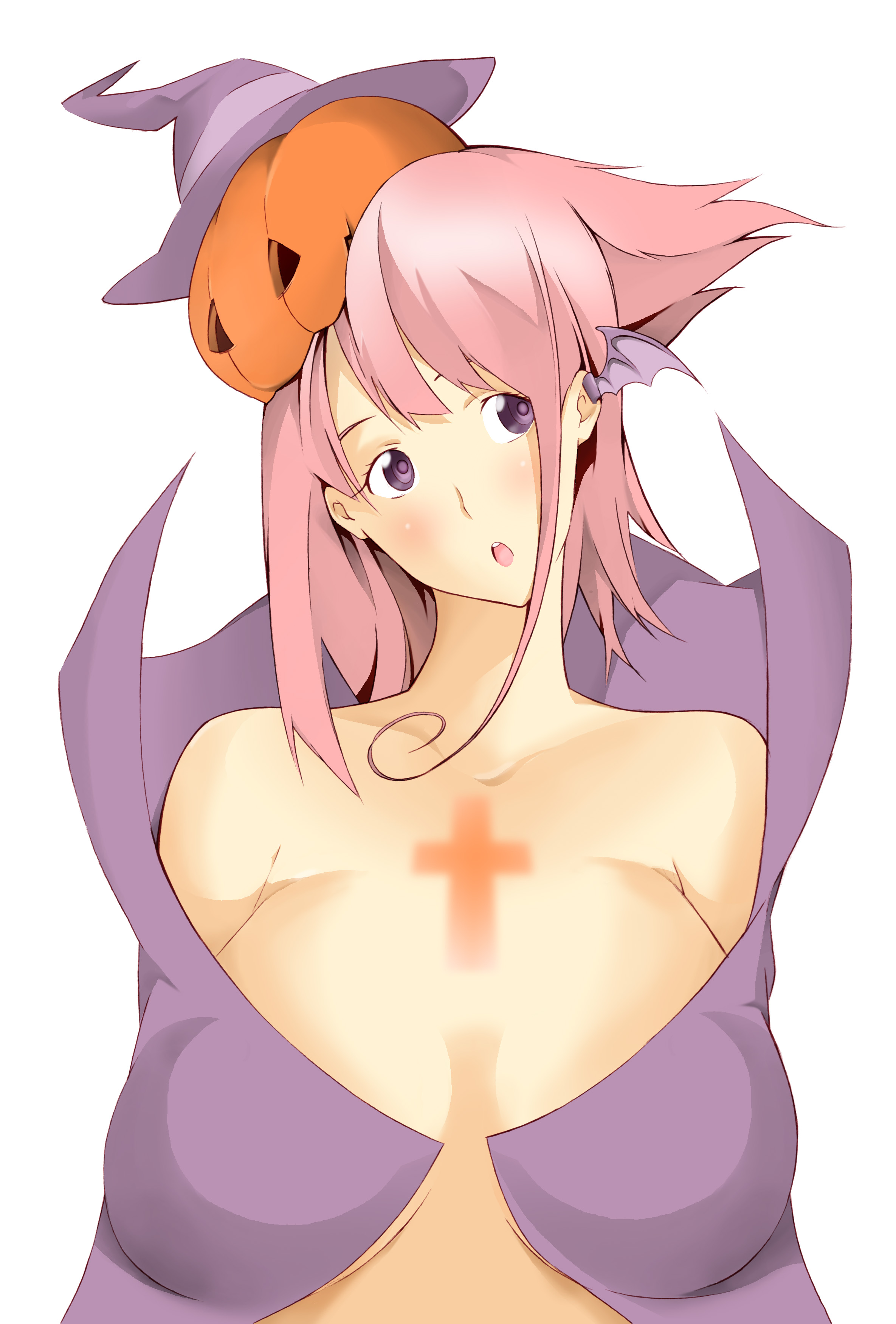 nanao (mahaya), original, absurdres, bad id, bad pixiv id, highres, 1girl, bare shoulders, blush, breasts, cross, female focus, halloween, hat, head wings, huge breasts, jack-o'-lantern, pink hair, pumpkin, pumpkin hat, purple eyes, solo, white background, wings, witch hat