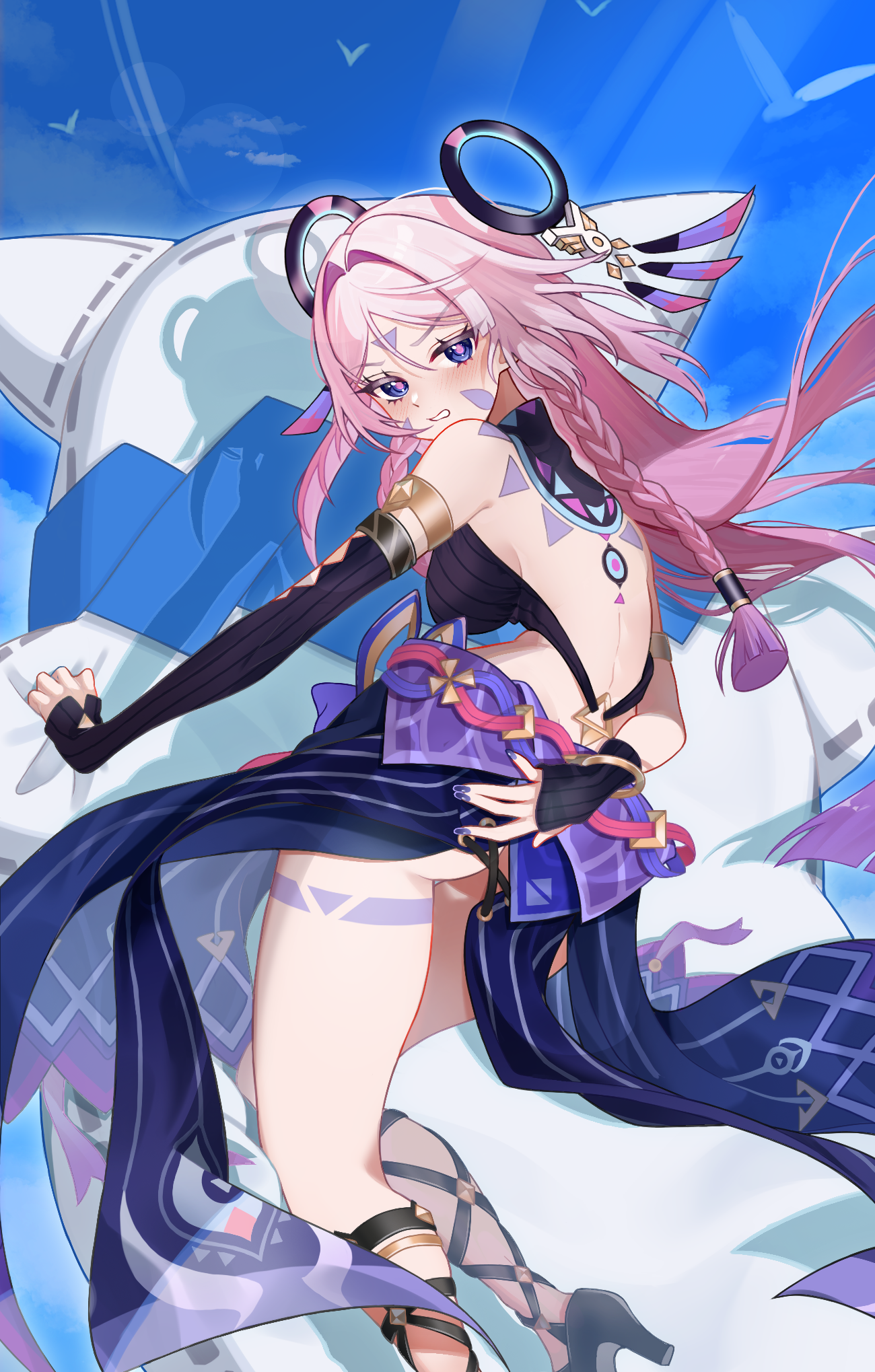 citlali (genshin impact), citlalin (genshin impact), genshin impact, highres, 1girl, 1other, arm behind back, backless outfit, backless shirt, black shirt, blush, braid, breasts, detached sleeves, facial tattoo, hair between eyes, hair ornament, high heels, leg tattoo, long hair, long sleeves, looking at viewer, looking back, medium breasts, open mouth, pink hair, pumps, purple eyes, purple nails, ring hair ornament, shiorin illust, shirt, sideboob, skirt, sleeveless, sleeveless shirt, tattoo, twin braids, very long hair