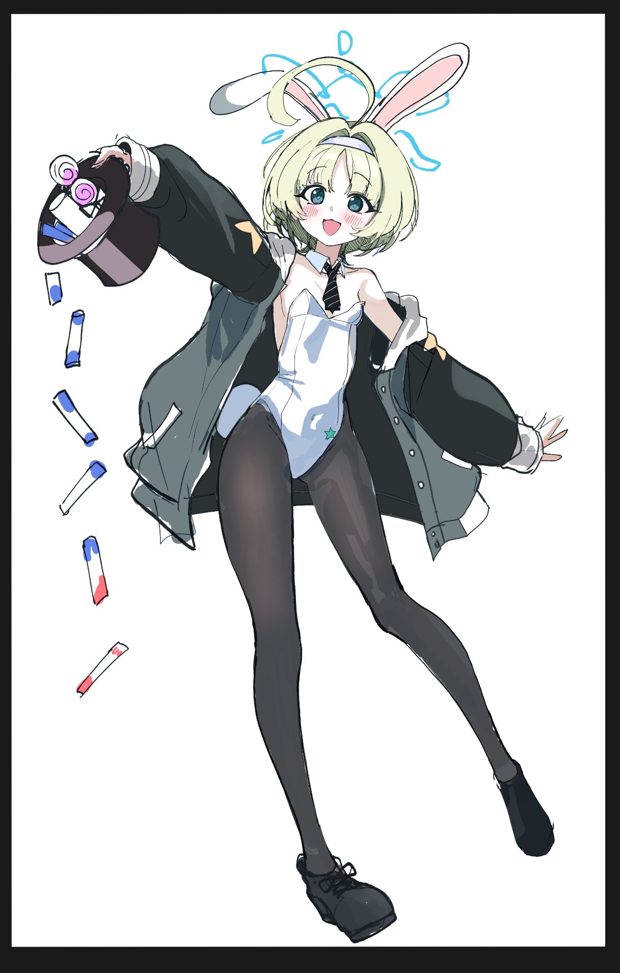 sak (lemondisk), ritsu (blue archive), blue archive, highres, 1girl, ahoge, alternate costume, animal ears, black hat, black jacket, black necktie, black pantyhose, black shoes, blonde hair, blue eyes, blush, breasts, detached collar, fake animal ears, fake tail, full body, green eyes, green hair, halo, hat, holding, holding unworn clothes, holding unworn hat, jacket, leotard, looking at viewer, necktie, open clothes, open jacket, open mouth, pantyhose, playboy bunny, rabbit ears, rabbit tail, shoes, short hair, simple background, small breasts, smile, solo, strapless, strapless leotard, tail, top hat, unworn hat, unworn headwear, white background, white leotard