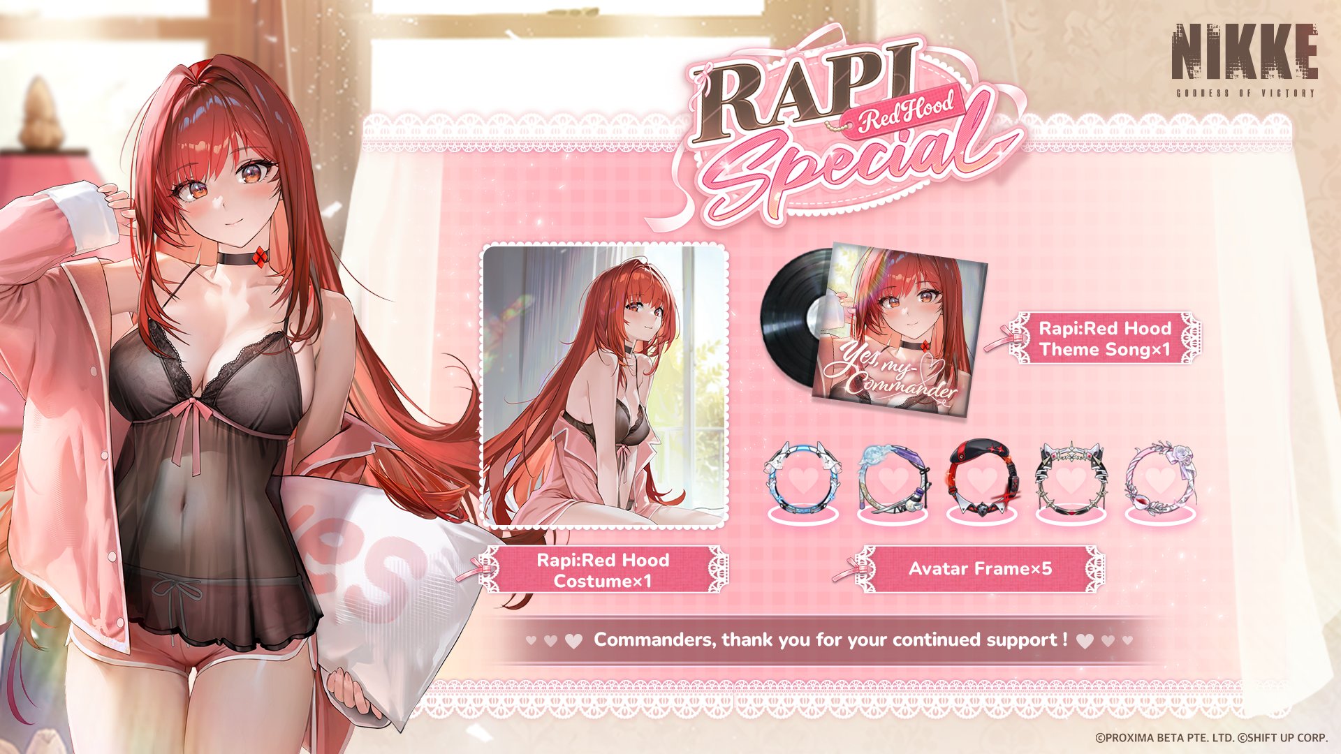 rapi (nikke), rapi (red hood) (nikke), goddess of victory: nikke, artist request, commentary, english commentary, highres, official art, 1girl, copyright logo, copyright name, english text, logo, navel, official alternate costume, official alternate design, official alternate hair color, pillow, see-through clothes, sleepwear, smile, solo