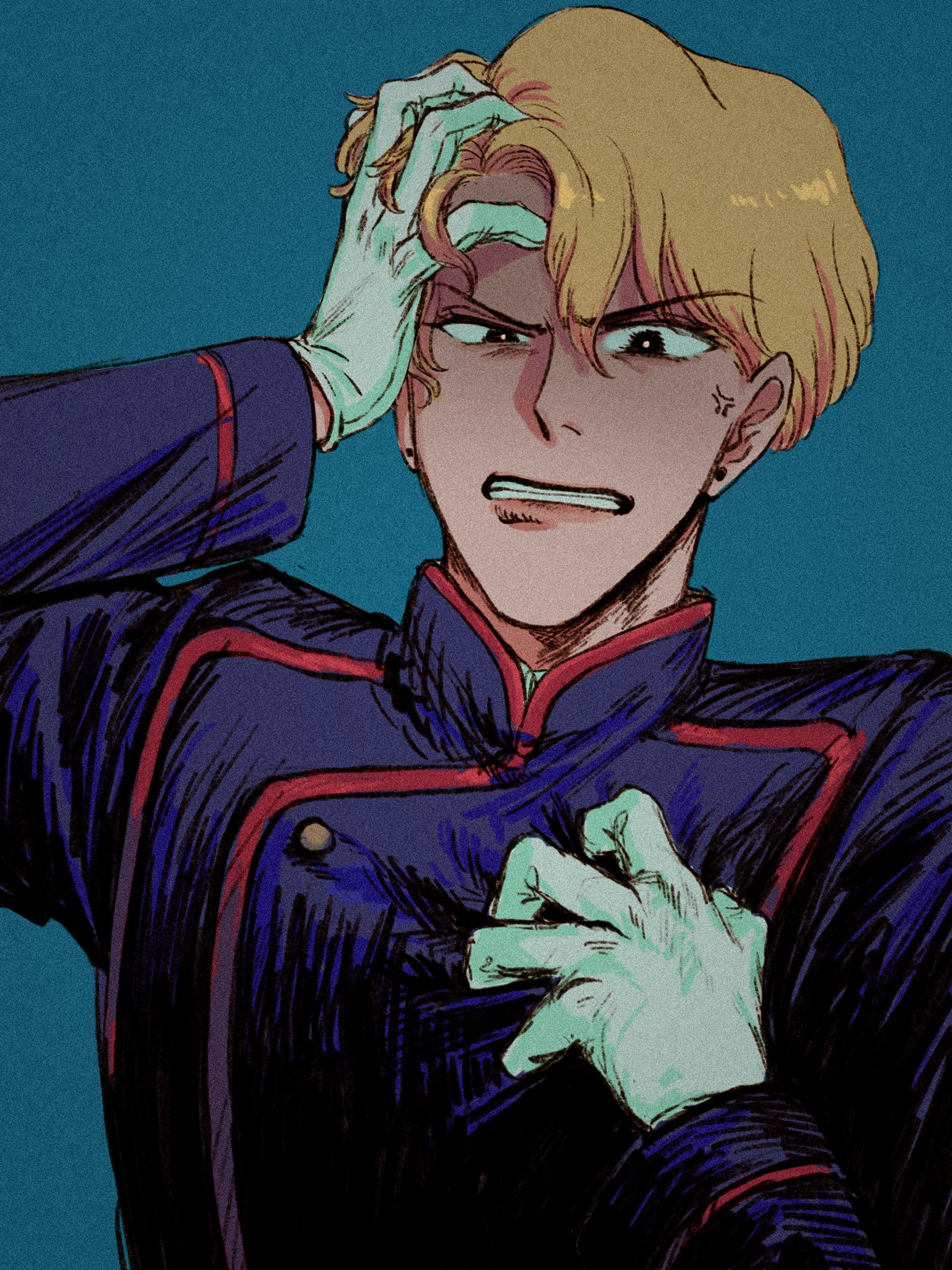 jadeite (sailor moon), bishoujo senshi sailor moon, bishoujo senshi sailor moon (first season), commentary request, highres, 1boy, anger vein, angry, black eyes, black jacket, blonde hair, blue background, clenched teeth, earrings, gloves, grabbing own hair, holding, holding own hair, jacket, jewelry, male focus, military uniform, short hair, simple background, solo, teeth, upper body, ur0k0hime, white gloves