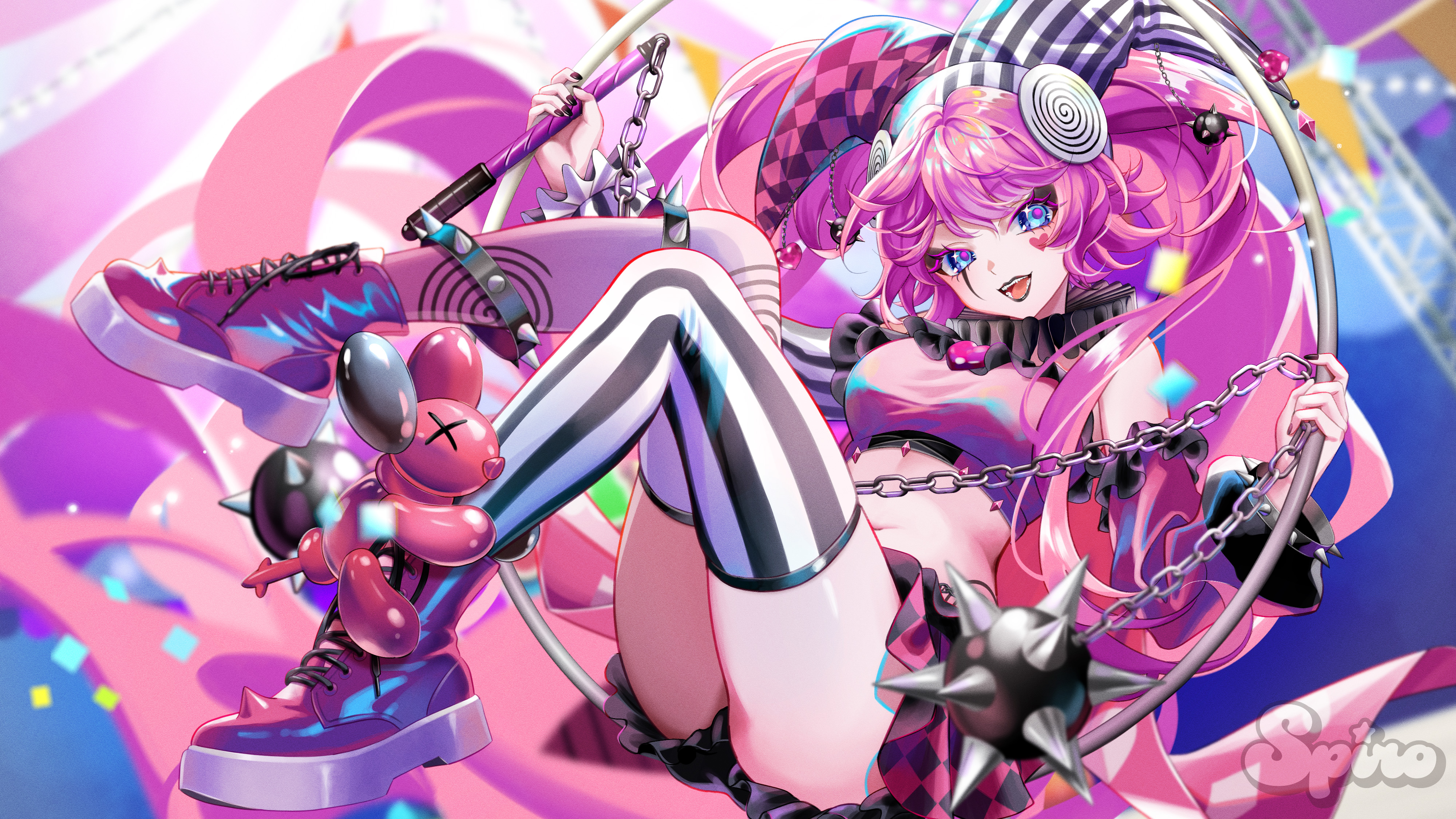 spiro (supirou2052), indie virtual youtuber, absurdres, highres, 1girl, artist name, black lips, black nails, black skirt, blue eyes, blurry, blurry background, breasts, bunting, checkered clothes, checkered skirt, facial mark, hat, heart, heart facial mark, holding, jester cap, long hair, long sleeves, mismatched thighhighs, navel, open mouth, pink hair, pink skirt, saiko (vtuber), skirt, smile, solo, stomach, striped clothes, striped thighhighs, thighhighs, thighs, twintails, vertical-striped clothes, vertical-striped thighhighs, virtual youtuber