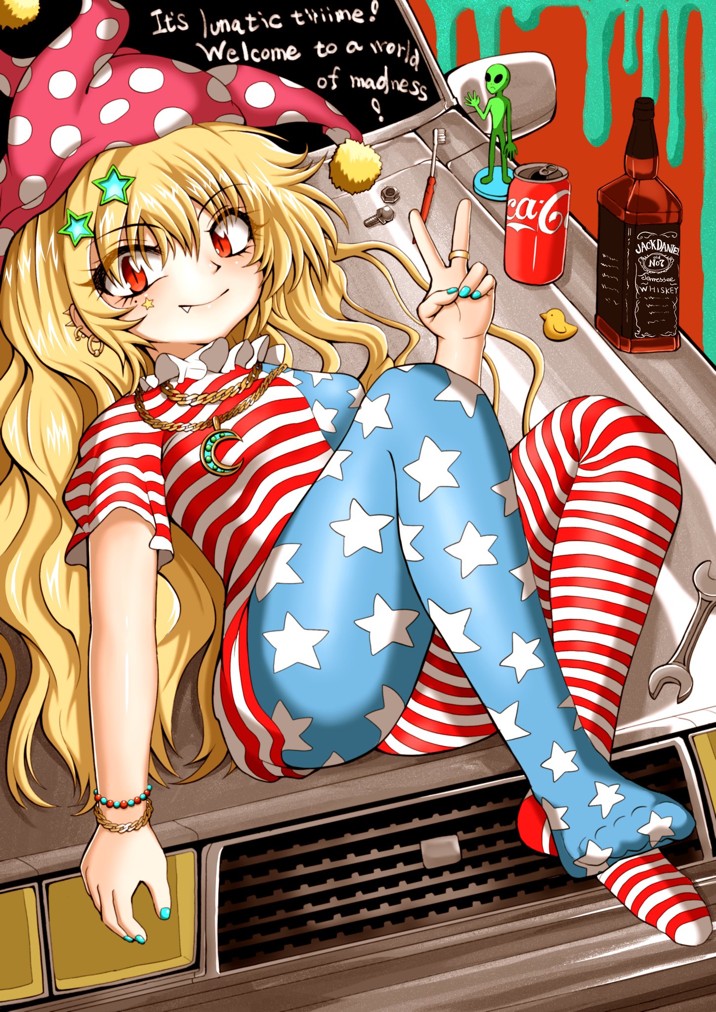 clownpiece, coca-cola, jack daniel's, touhou, commentary, highres, symbol-only commentary, vehicle request, 1girl, alcohol, alien, american flag, american flag dress, american flag legwear, american flag print, aqua nails, bead bracelet, beads, blonde hair, bolt (hardware), bracelet, breasts, can, car, chain, chain bracelet, chain necklace, crescent, crescent necklace, drink can, ear piercing, earrings, english text, fang, feet, figure, flag print, full body, glass bottle, gold ring, hair ornament, hand up, hat, jester cap, jewelry, knees up, kouunaibennki, legs, long hair, looking at viewer, lying, mole, mole under eye, motor vehicle, nail polish, neck ruff, necklace, nut (hardware), on back, on car, pantyhose, piercing, polka dot hat, pom pom (clothes), pom pom hat ornament, red background, red eyes, ring, short sleeves, single earring, slit pupils, small breasts, smile, soda can, solo, spiked ear piercing, star (symbol), star hair ornament, star on cheek, toothbrush, v, wavy hair, whiskey, wrench