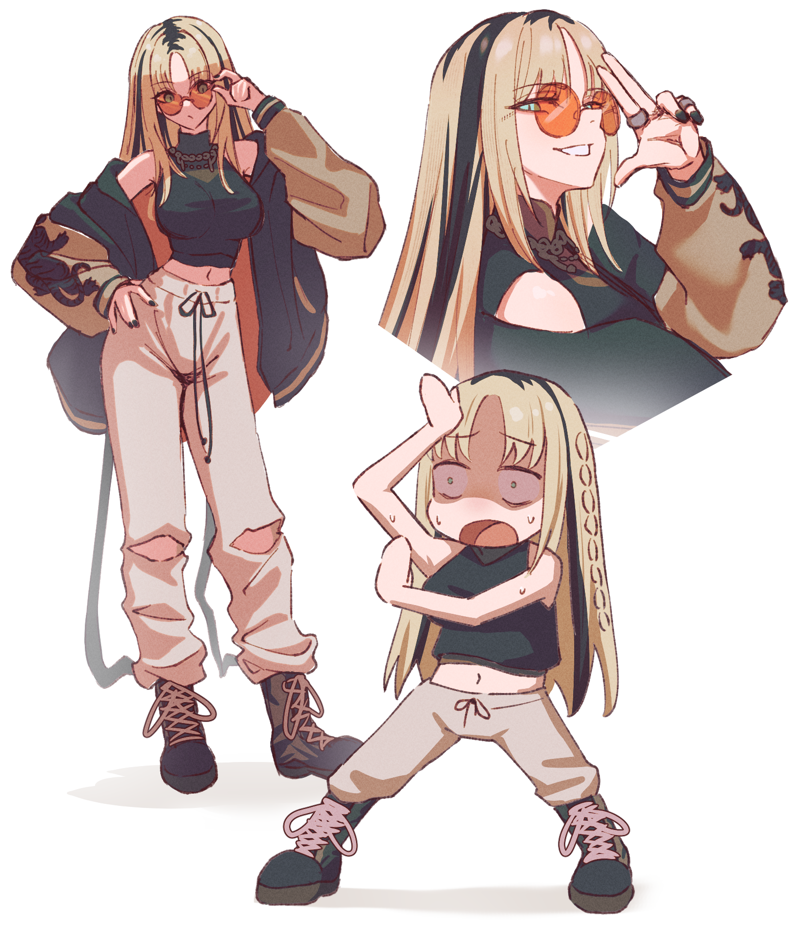 sumosumo, koganei niko, hololive, hololive dev is, highres, 1girl, adjusting eyewear, aqua eyes, black hair, black nails, blonde hair, boots, breasts, deformed, full body, grin, hand on own hip, jacket, jewelry, large breasts, long hair, looking at viewer, midriff, multicolored hair, multiple views, navel, nervous sweating, off shoulder, orange-tinted eyewear, pants, ring, salute, smile, streaked hair, sunglasses, sweat, sweatpants, tinted eyewear, torn clothes, torn pants, two-finger salute, virtual youtuber