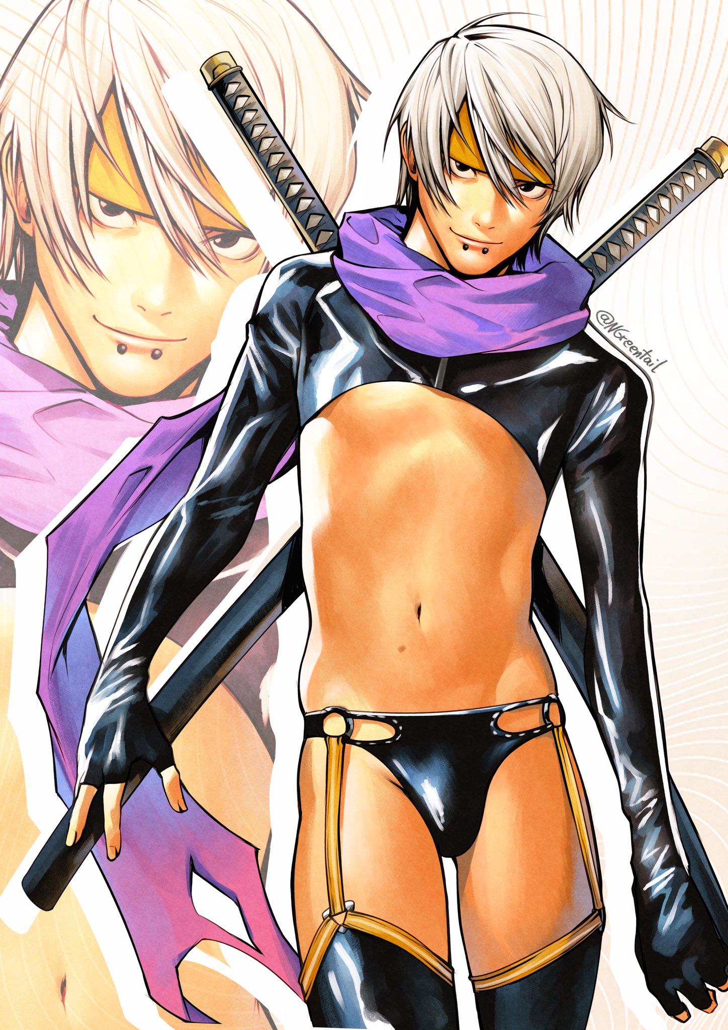 nifast (greentail), original, highres, 1boy, awesome (nifast (greentail)), black eyes, black shrug, fingerless gloves, fingernails, gloves, headband, katana, looking at viewer, male focus, mole, mole on stomach, navel, nostrils, obata takeshi (style), purple scarf, scarf, short hair, shrug (clothing), smile, snakebite (piercing), solo, sword, underpec, upper body, weapon, white hair, yellow headband, zoom layer