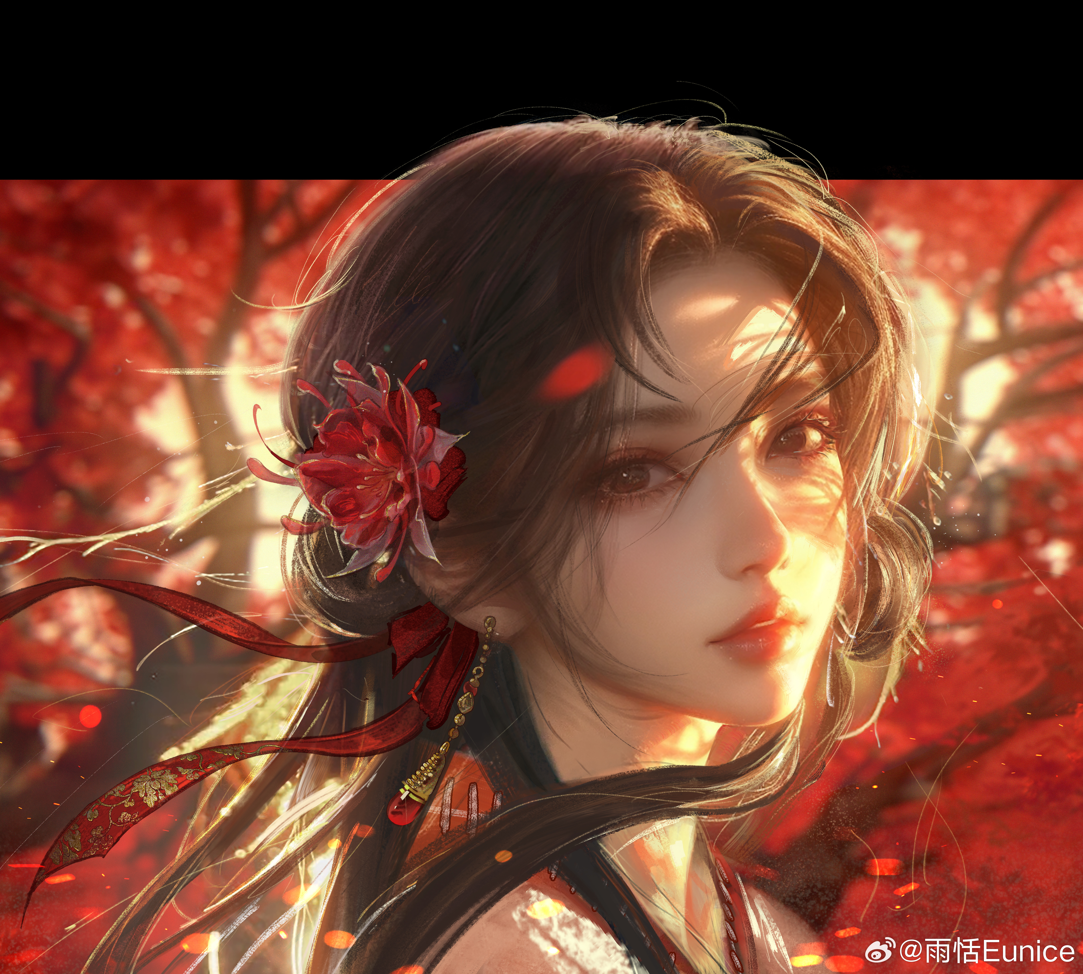 you nisi eunice, huo linger (wanmei shijie), wanmei shijie, absurdres, bad link, highres, 1girl, black hair, dress, earrings, happy birthday, jewelry, leaf, long hair, maple leaf, open mouth, red lips, solo