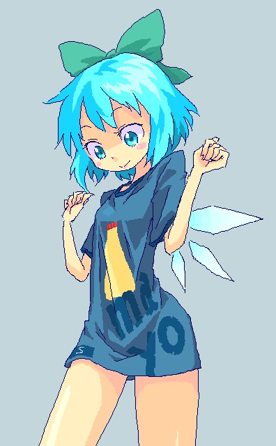 roku, roku (warrock), cirno, touhou, 1girl, blue eyes, blue hair, bottomless, casual, clothes writing, female focus, matching hair/eyes, mayonnaise, naked shirt, no pants, oekaki, shirt, solo, t-shirt