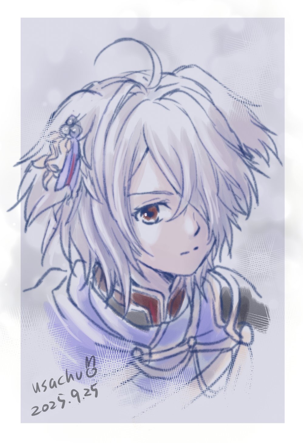 usachu now, kurt (fire emblem), fire emblem, fire emblem shadows, nintendo, commentary request, highres, 1girl, ahoge, aiguillette, animal ears, armor, artist name, blue cape, border, cape, closed mouth, collared jacket, dog ears, hair over one eye, jacket, outside border, pauldrons, portrait, red eyes, shoulder armor, single pauldron, solo, white border, white hair