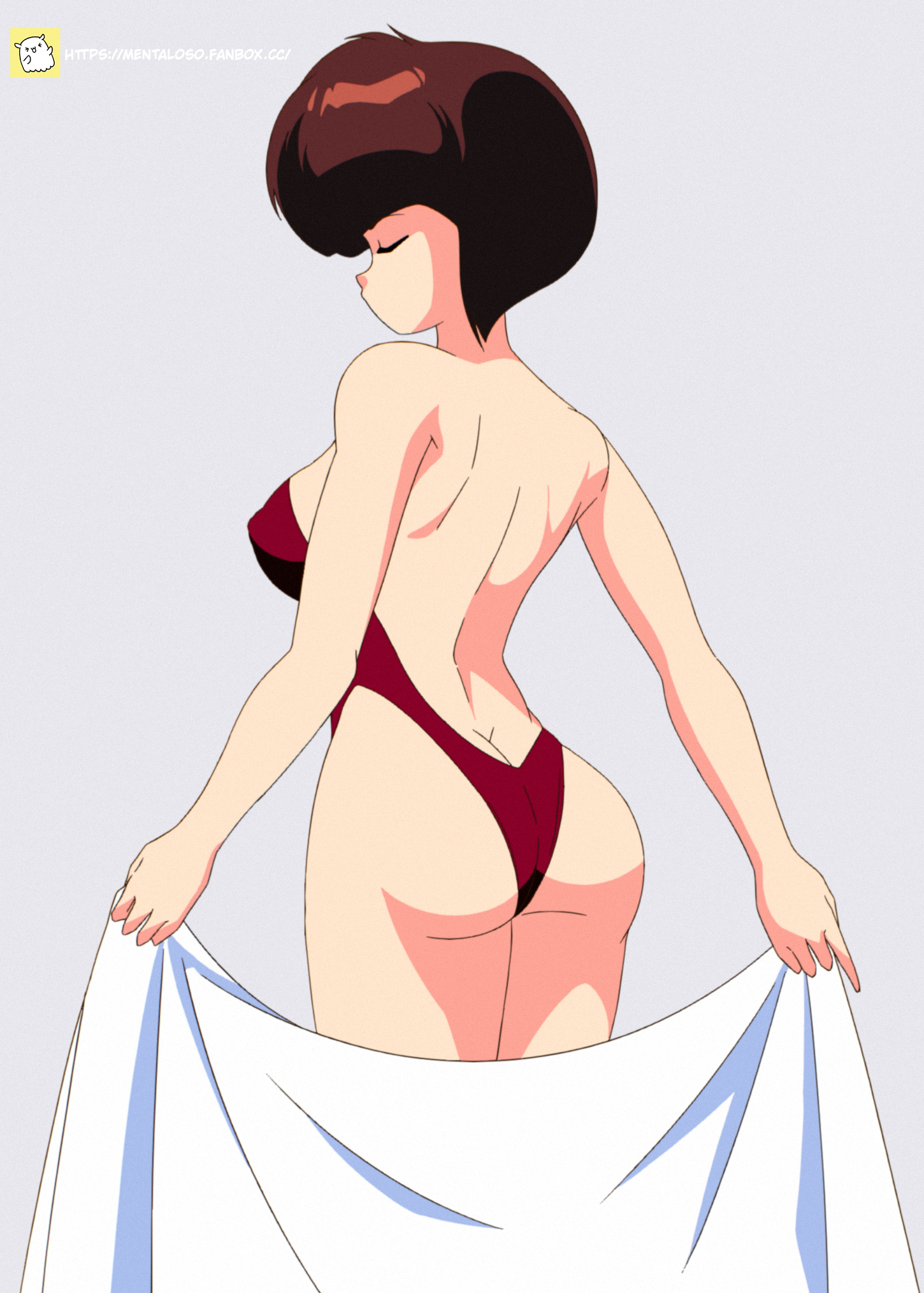 tendou nabiki, ranma 1/2, artist request, highres, 1girl, ass, back, breasts, brown hair, covered erect nipples, grey background, large breasts, simple background, solo, swimsuit, towel