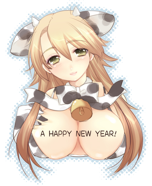 umehara emika, 1girl, animal print, bell, breasts, brown hair, cow girl, cow print, cowbell, female focus, grabbing another's breast, green eyes, groping, horns, huge breasts, long hair, new year, solo