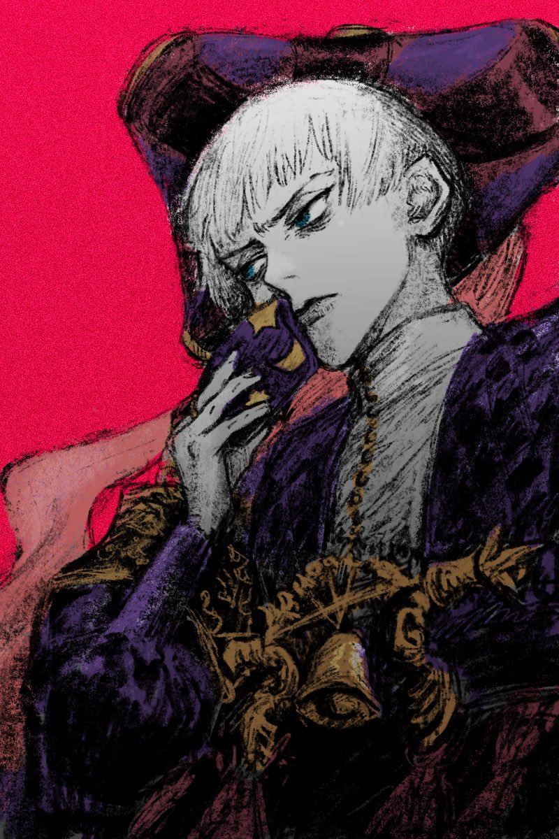 rollo flamme, twisted wonderland, commentary request, highres, 1boy, annoyed, bags under eyes, bell, blue eyes, closed mouth, handkerchief, hat, holding, holding handkerchief, male focus, pale skin, puffy sleeves, purple robe, red background, robe, short hair, simple background, solo, tricorne, upper body, ur0k0hime