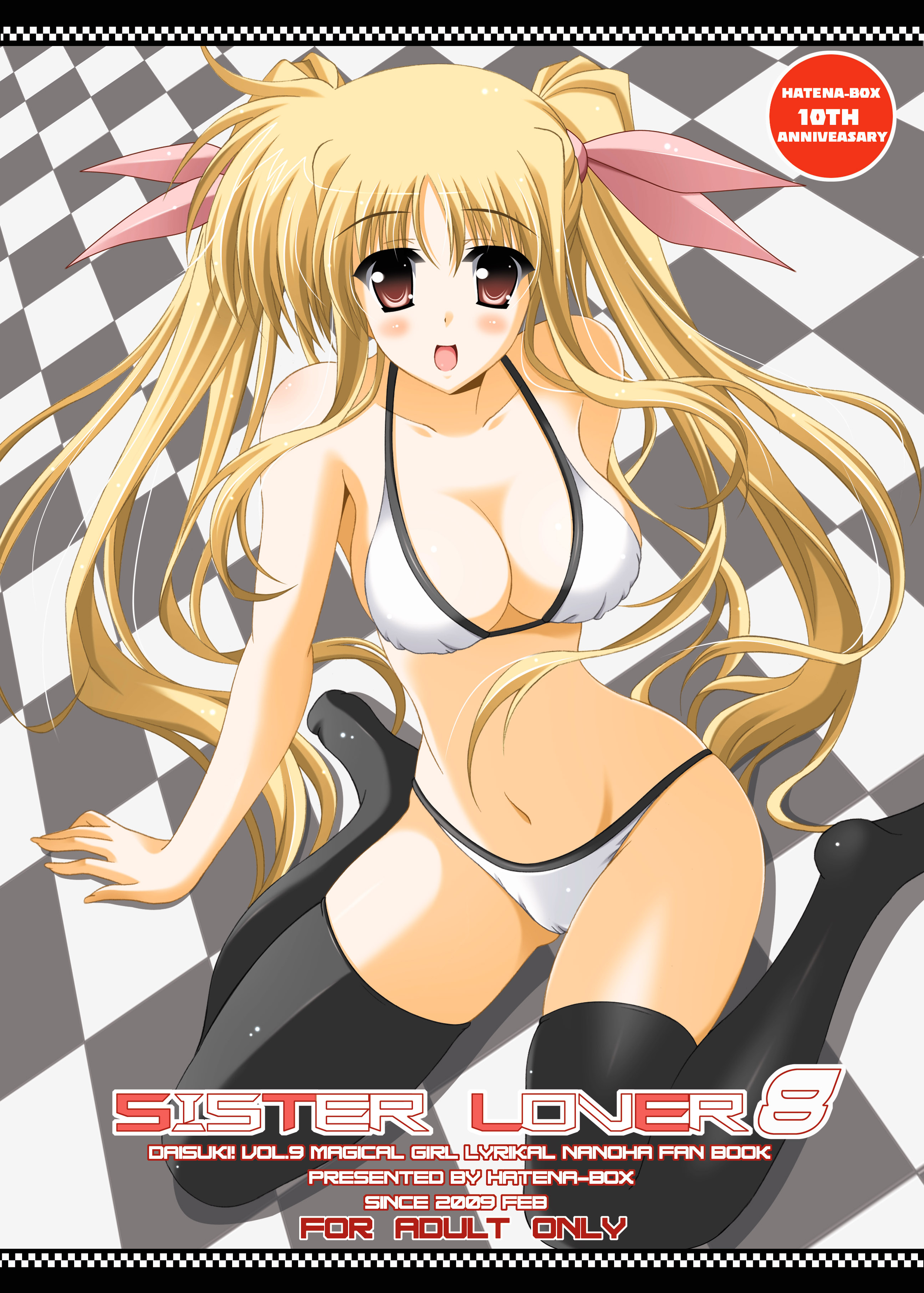 oda ken'ichi, fate testarossa, lyrical nanoha, mahou shoujo lyrical nanoha, mahou shoujo lyrical nanoha strikers, absurdres, highres, 00s, bikini, blonde hair, breasts, brown eyes, kneeling, large breasts, long hair, solo, swimsuit, thighhighs, twintails, white bikini
