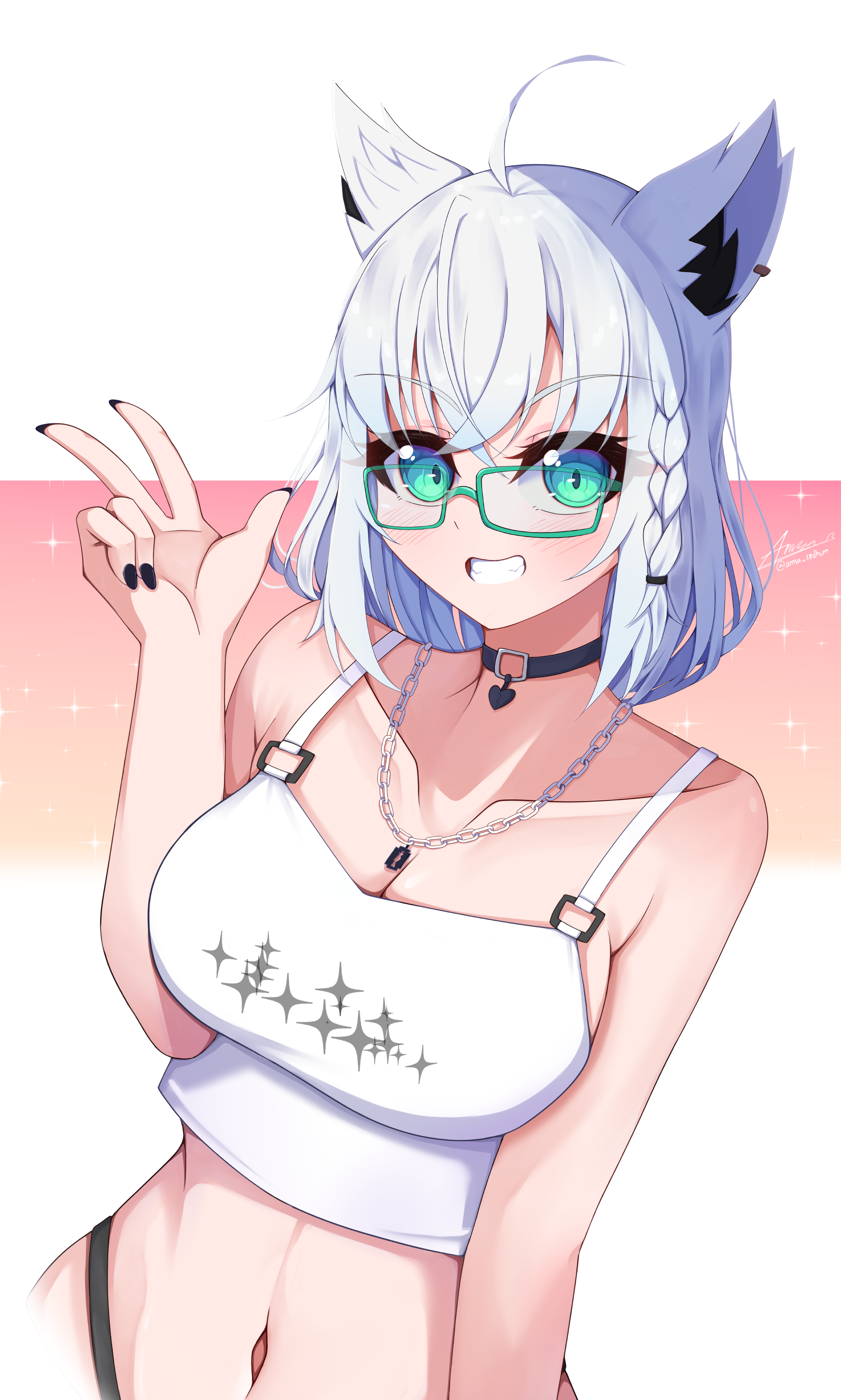 amsa redhum, shirakami fubuki, hololive, absurdres, highres, 1girl, ahoge, animal ear fluff, animal ears, aqua eyes, armpit crease, bare arms, bare shoulders, black choker, black nails, blush, braid, breasts, chain, chain necklace, choker, cleavage, collarbone, crop top, glasses, jewelry, large breasts, long hair, looking at viewer, midriff, navel, necklace, side braid, smile, solo, stomach, teeth, virtual youtuber