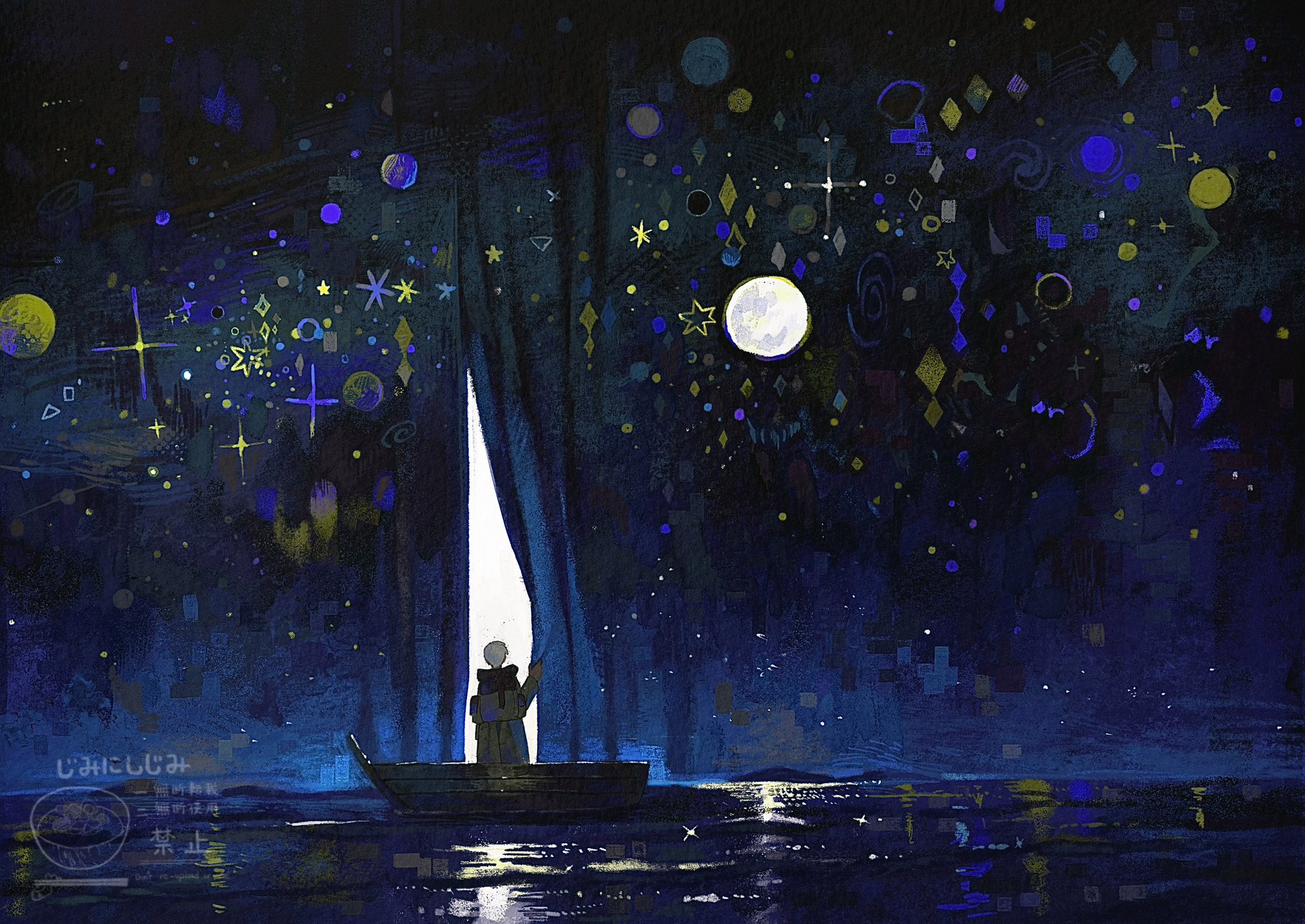 jimini shijimi, original, highres, 1boy, boat, curtain grab, curtains, from behind, hand up, lake, night, night sky, on boat, reflection, reflective water, scenery, sky, standing, star (symbol), surreal, water, watercraft, watermark, white-haired man (jimini shijimi), wide shot