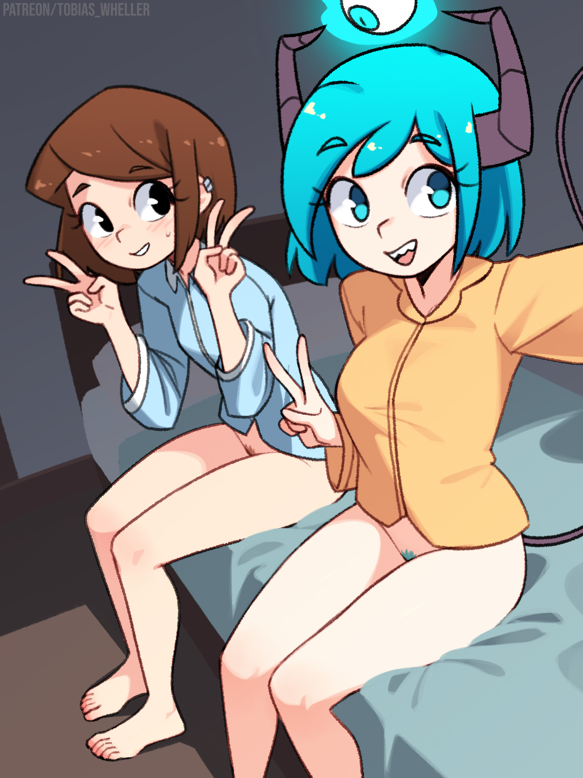 tobias wheller, synn (tobias wheller), original, bad id, bad patreon id, highres, 2girls, barefoot, black eyes, black tail, blue eyes, blue hair, blue pubic hair, bottomless, brown hair, brown pubic hair, cassie (tobias wheller), colored pubic hair, double v, earrings, eyeball, female pubic hair, horns, jewelry, long sleeves, looking at viewer, multiple girls, pubic hair, sitting, smile, teeth, toes, upper teeth only, v