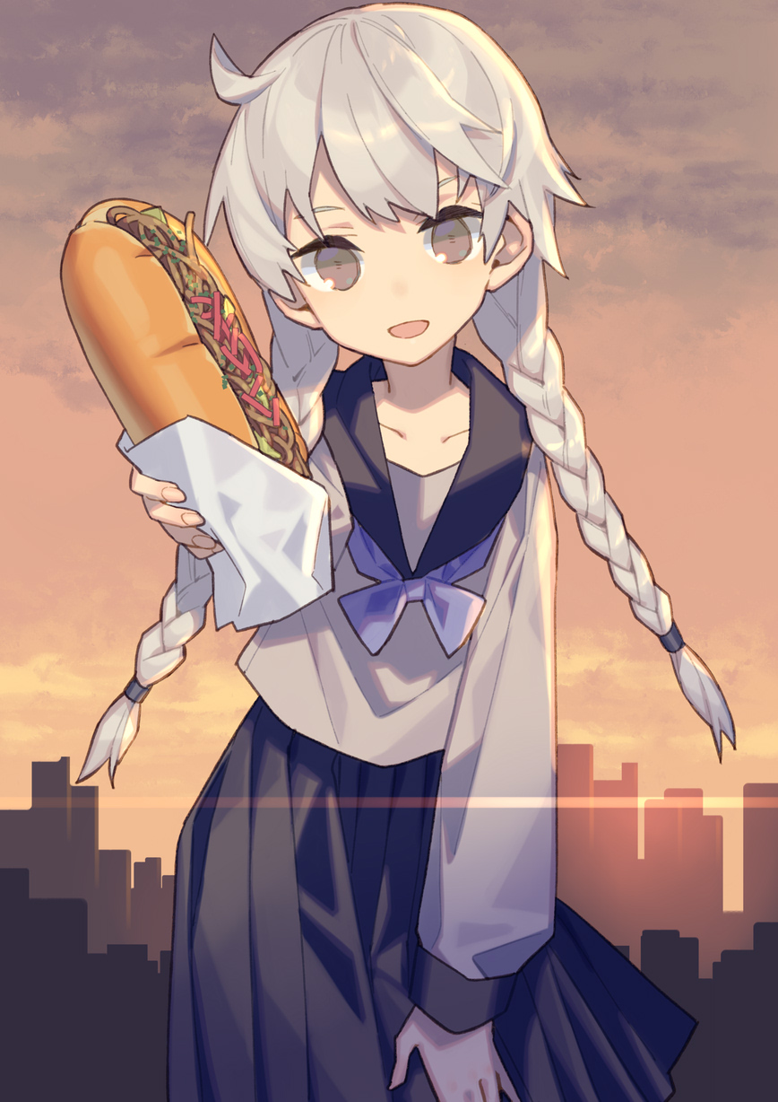amezaza, okino tsukasa, juusan kihei bouei ken, highres, 1boy, black sailor collar, black skirt, blue bow, blue bowtie, bow, bowtie, braid, cityscape, collarbone, crossdressing, dusk, grey eyes, grey hair, grey shirt, incoming food, long hair, long sleeves, looking at viewer, low twin braids, male focus, pleated skirt, sailor collar, school uniform, serafuku, shirt, skirt, smile, solo, trap, twin braids, yakisobapan