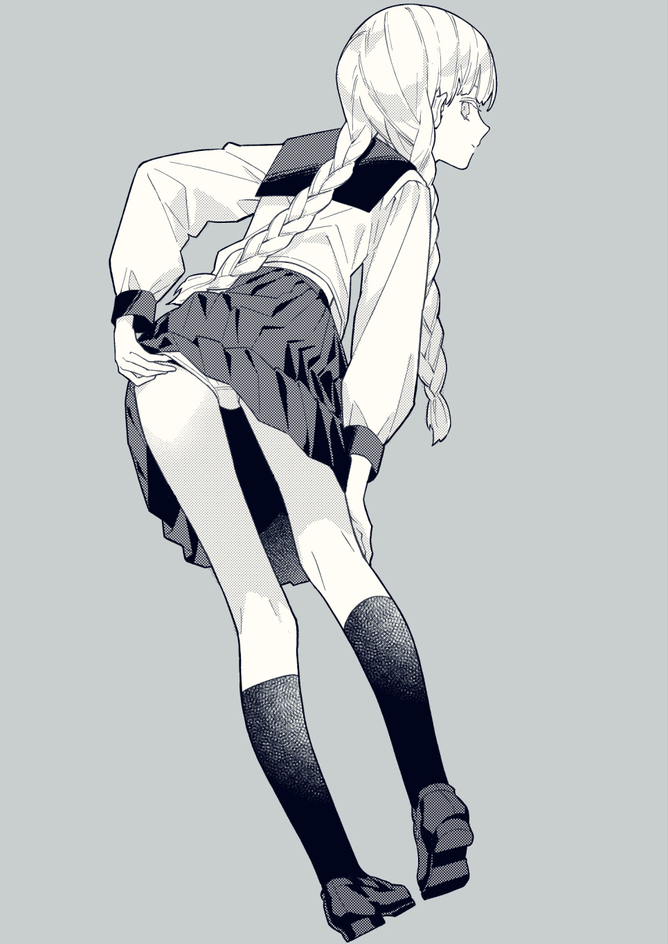 amezaza, okino tsukasa, juusan kihei bouei ken, highres, 1boy, bent over, braid, clothes lift, crossdressing, expressionless, from behind, full body, grey background, greyscale, hand on own knee, kneehighs, loafers, long hair, long sleeves, looking at viewer, looking back, low twin braids, male focus, monochrome, panties, pleated skirt, sailor collar, school uniform, serafuku, shirt, shoes, simple background, skirt, skirt lift, socks, solo, trap, twin braids, underwear