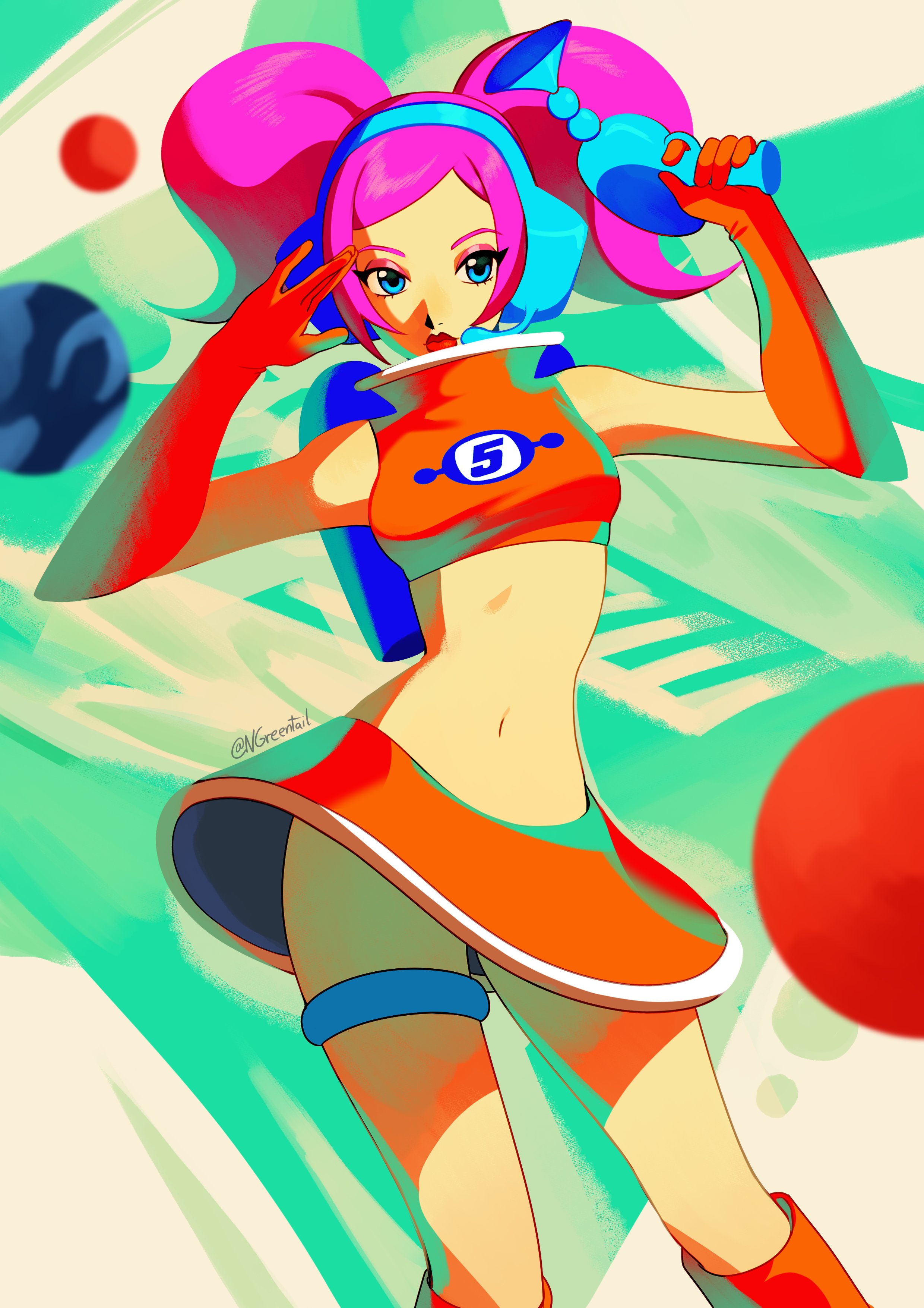 nifast (greentail), ulala, space channel 5, absurdres, highres, 1girl, blue eyes, boots, breasts, crop top, elbow gloves, gloves, headphones, headset, holding, knee boots, microphone, midriff, miniskirt, navel, pink hair, shirt, short hair, skirt, sleeveless, solo, twintails, ufo skirt