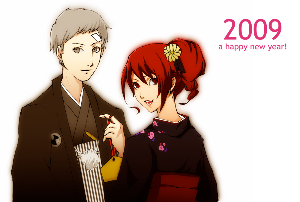 kamiya (pixiv253055), minoru (heavenly), kirijou mitsuru, sanada akihiko, atlus, persona, persona 3, bad id, bad pixiv id, 00s, 2009, japanese clothes, kimono, new year