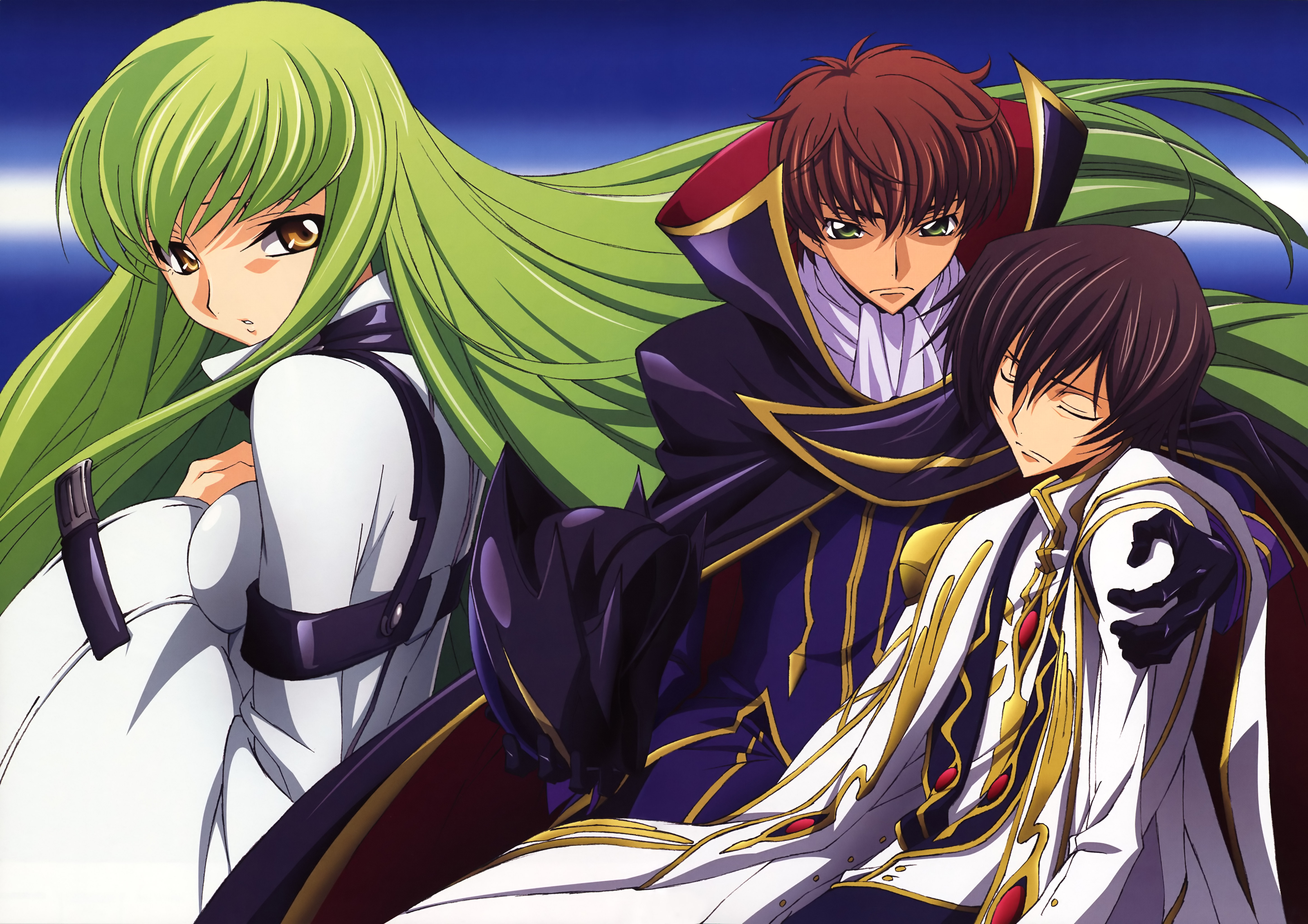 tabata hisayuki, c.c., kururugi suzaku, lelouch vi britannia, zero (code geass), code geass, absurdres, highres, 00s, 1girl, 2boys, black hair, brown hair, closed eyes, green eyes, green hair, long hair, multiple boys, short hair