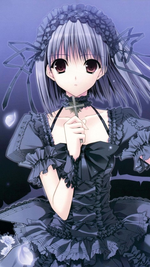 suzuhira hiro, blue hair, choker, cross, dress, frills, goth fashion, purple eyes, ribbon, solo