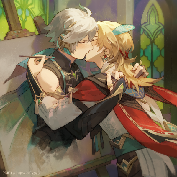 driftwoodwolf, alhaitham (genshin impact), kaveh (genshin impact), genshin impact, commentary request, 2boys, artist name, blonde hair, closed eyes, earrings, easel, indoors, jewelry, kiss, light particles, male focus, multiple boys, paintbrush, stained glass, through medium, yaoi