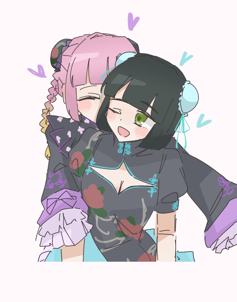 anyoji hime, momose ginko, link! like! love live!, love live!, commentary, 2girls, ;d, ^ ^, behind another, black hair, black shirt, blonde hair, blunt bangs, blunt ends, bob cut, breasts, bun cover, cleavage, cleavage cutout, closed eyes, clothing cutout, double bun, gradient hair, green eyes, hair bun, heart, long sleeves, medium breasts, mihasu ll, multicolored hair, multiple girls, official alternate costume, one eye closed, open mouth, pink hair, puffy short sleeves, puffy sleeves, shirt, short sleeves, simple background, sleeves past wrists, smile, virtual youtuber, white background