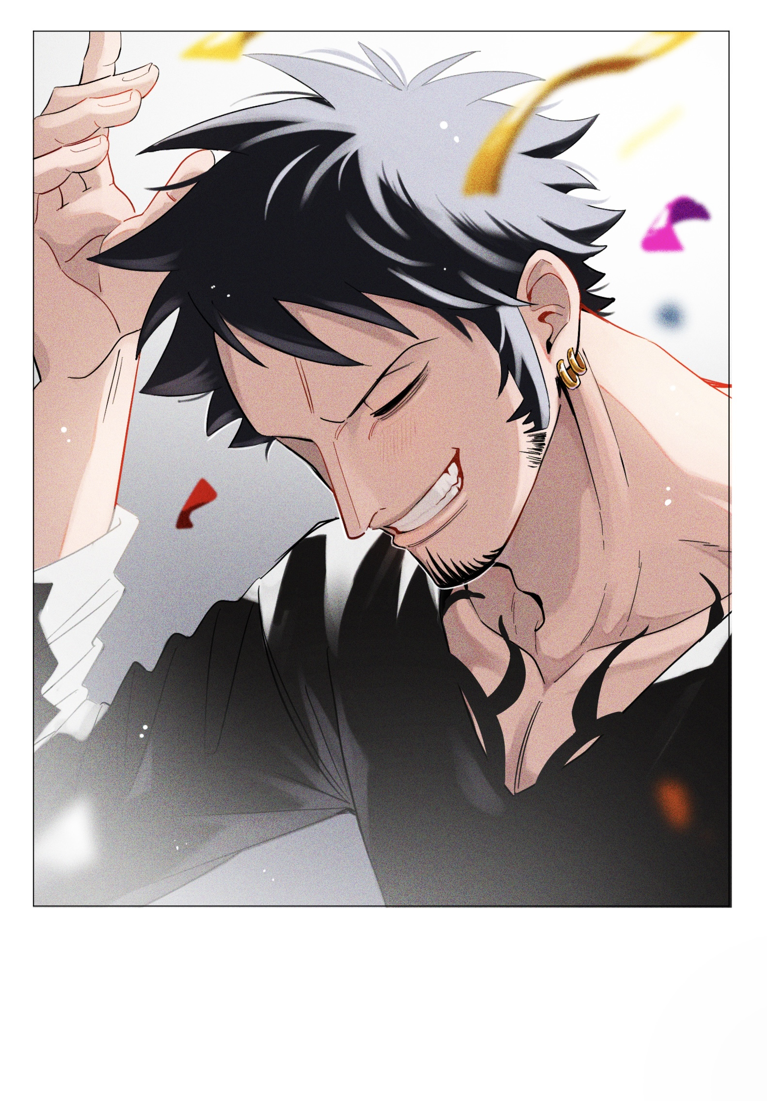 hamu ha umai, trafalgar law, one piece, commentary request, highres, 1boy, adam's apple, black hair, black shirt, border, closed eyes, confetti, earrings, facial hair, goatee, grin, happy, jewelry, light particles, long sideburns, long sleeves, male focus, pectoral cleavage, pectorals, shirt, short hair, sideburns, smile, solo, white border