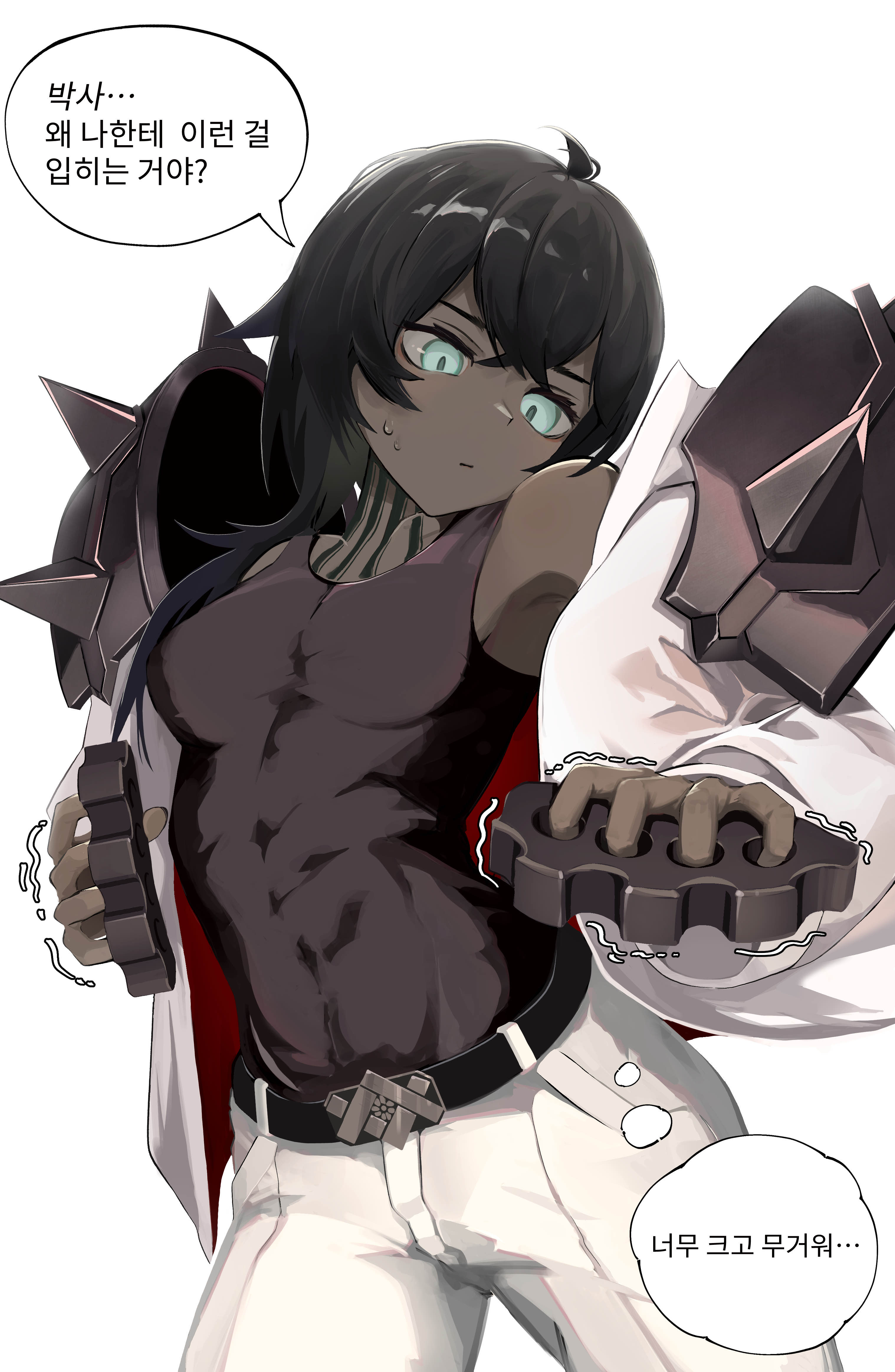 jambaeng, flint (arknights), mountain (arknights), arknights, absurdres, commentary, highres, translation request, 1girl, ahoge, armor, belt, belt buckle, black belt, black hair, black tank top, blue eyes, brass knuckles, breasts, buckle, cosplay, crossed bangs, dark-skinned female, dark skin, jacket, long hair, medium breasts, mountain (arknights) (cosplay), pants, pauldrons, shoulder armor, solo, spiked pauldrons, spikes, sweatdrop, tank top, weapon, white background, white jacket, white pants