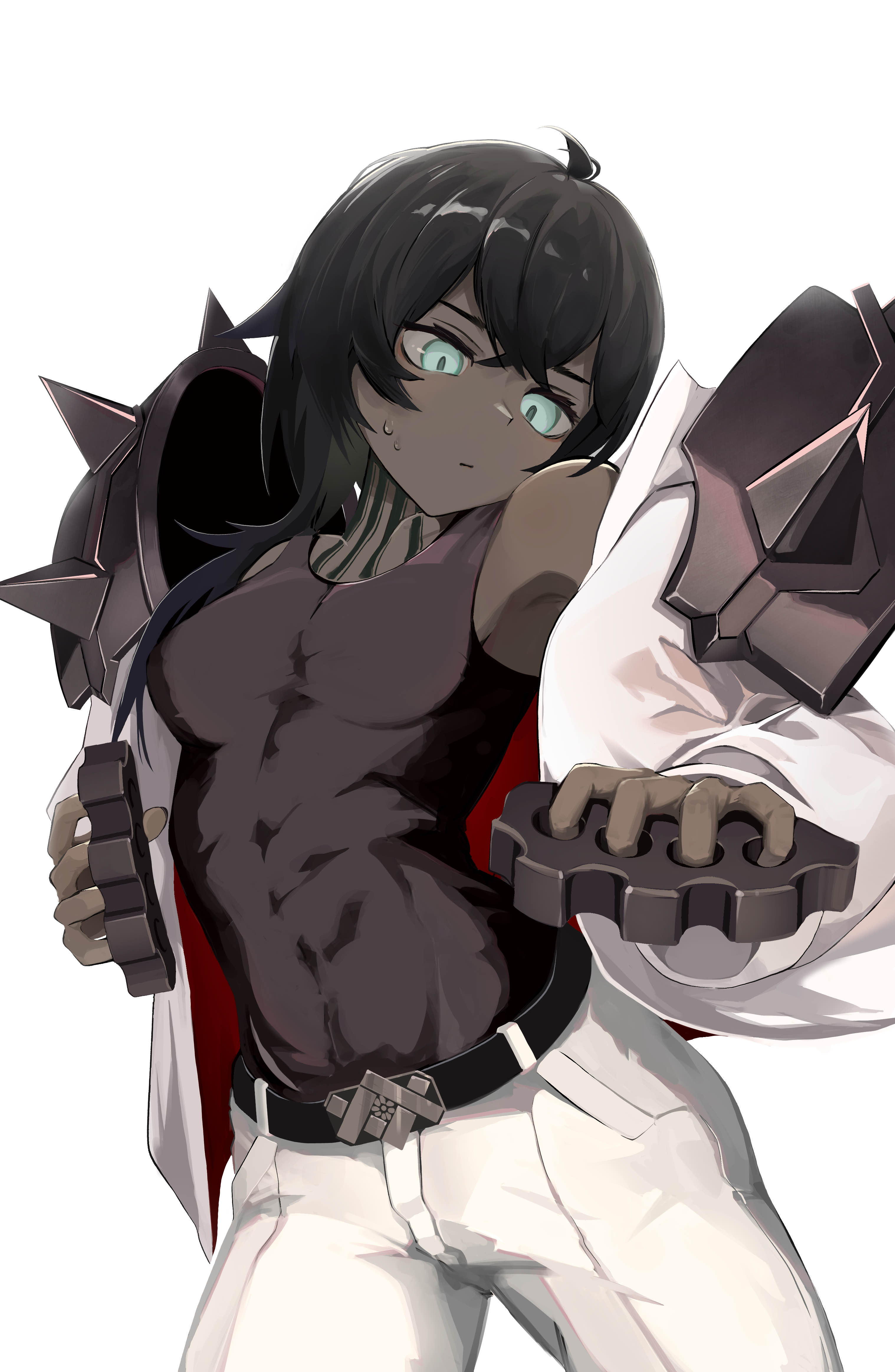 jambaeng, flint (arknights), mountain (arknights), arknights, absurdres, commentary, highres, 1girl, ahoge, armor, belt, belt buckle, black belt, black hair, black tank top, blue eyes, brass knuckles, breasts, buckle, cosplay, crossed bangs, dark-skinned female, dark skin, jacket, long hair, medium breasts, mountain (arknights) (cosplay), pants, pauldrons, shoulder armor, solo, spiked pauldrons, spikes, sweatdrop, tank top, weapon, white background, white jacket, white pants