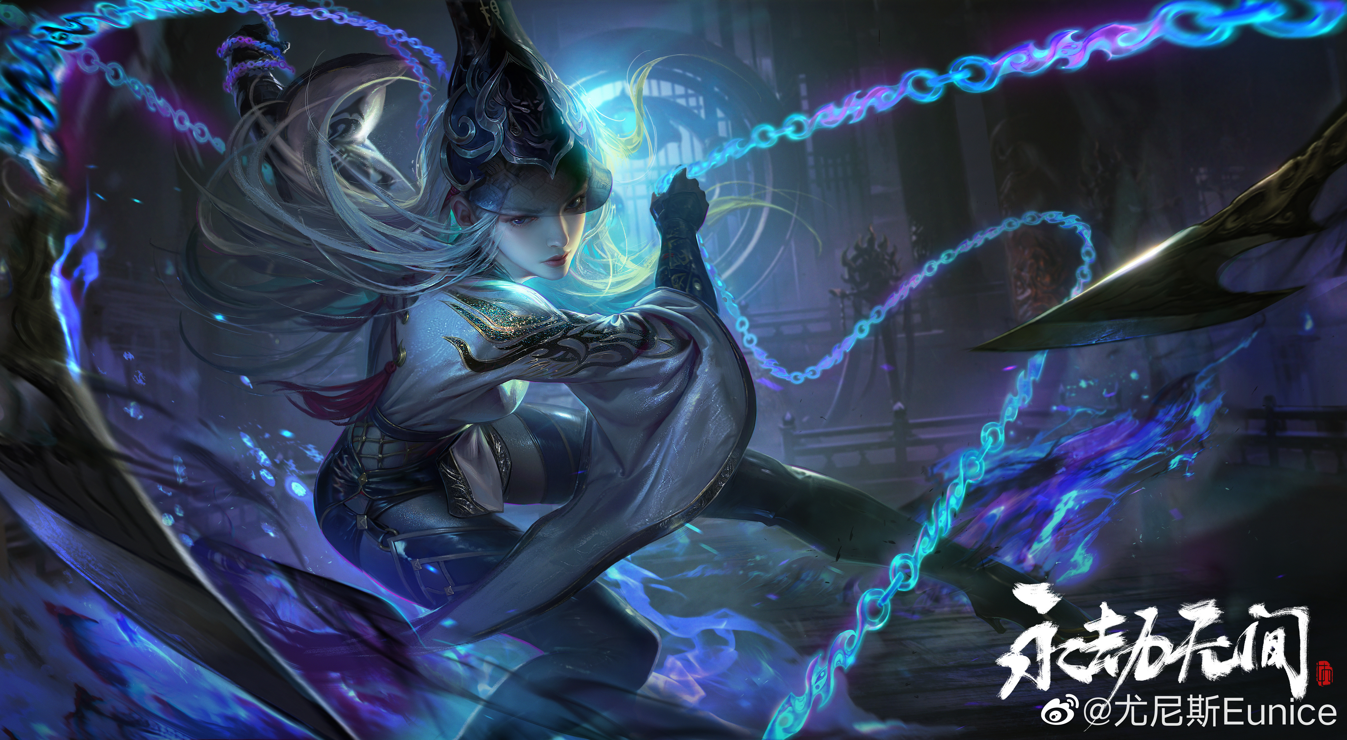 you nisi eunice, yong jie wujian, absurdres, highres, official art, 1girl, black gloves, black pants, breasts, chain, gloves, high heels, knife, long hair, pants, purple eyes, red lips, solo, white hair