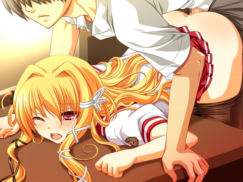 yukizuki chikuba, suzutaka mariarose, shin genre esudere!!, game cg, 1boy, 1girl, anal, bent over, blonde hair, blush, censored, clothes lift, clothes pull, desk, doggystyle, faceless, faceless male, from behind, hair intakes, hetero, long hair, mosaic censoring, open mouth, pantyhose, pantyhose pull, penis, pink eyes, school uniform, sex, sex from behind, skirt, skirt lift, table, twintails, vaginal, wince