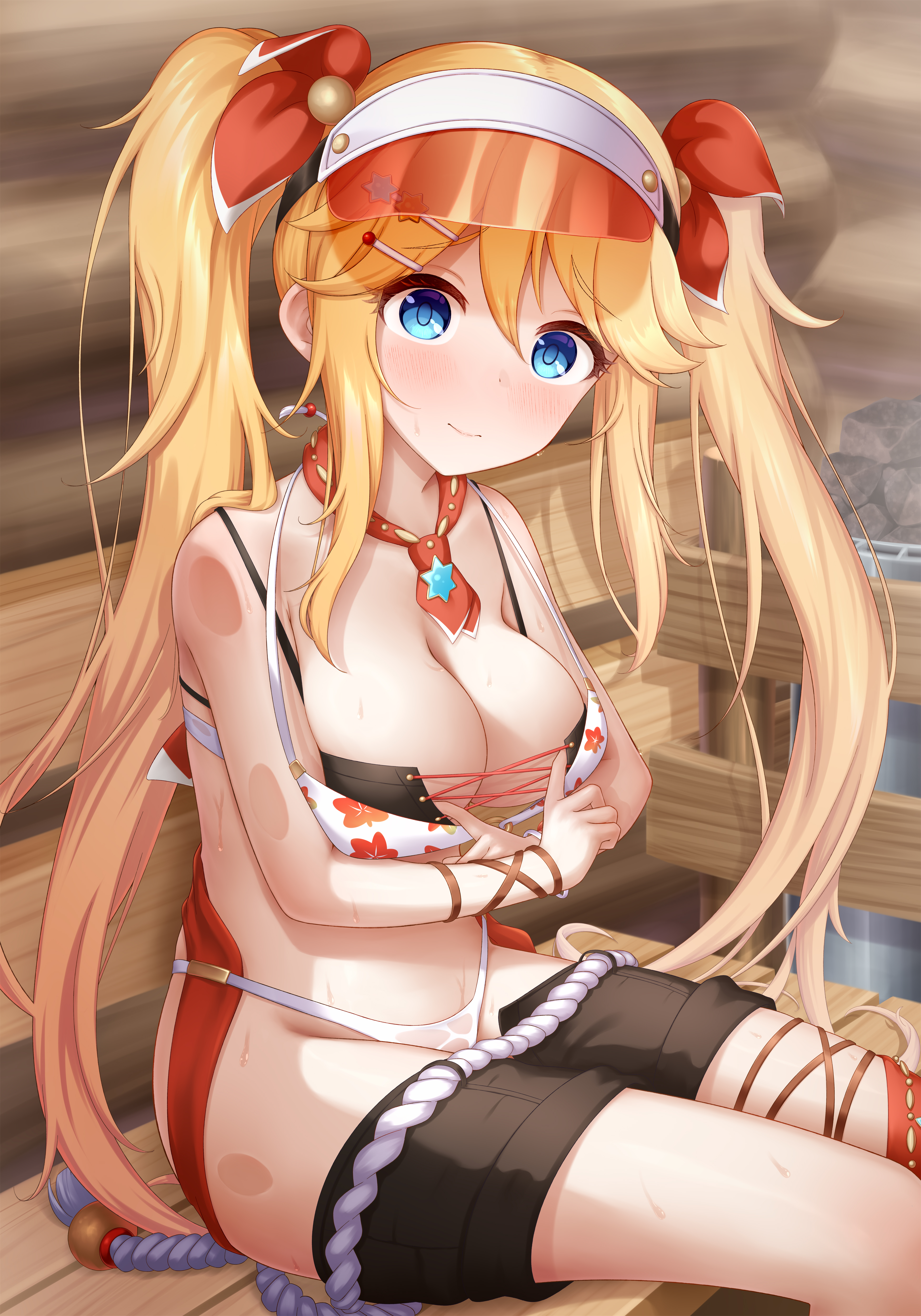 gplnbeat, ninon (princess connect!), ninon (summer) (princess connect!), princess connect!, absurdres, highres, 1girl, bikini, black shorts, blonde hair, blue eyes, blush, breasts, closed mouth, clothes pull, cross-laced bikini, cross-laced clothes, high-waist bikini, large breasts, layered bikini, leaf print, long hair, looking at viewer, maple leaf print, sauna, shorts, shorts pull, sitting, solo, swimsuit, twintails, visor cap, white bikini