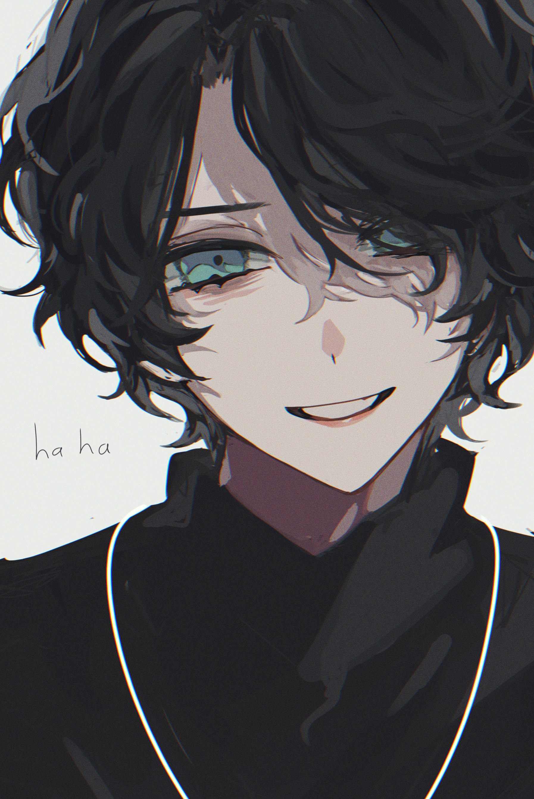 yureireissu, kagero (kamen rider revice), kamen rider, kamen rider revice, absurdres, highres, 1boy, aqua eyes, bishounen, black hair, black shirt, goth fashion, jewelry, laughing, limited palette, looking at viewer, male focus, necklace, shade, shaded face, shirt, upper body, vistamp, white background