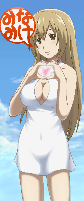 awa, minami haruka, minami-ke, 00s, 1girl, blush, breasts, brown eyes, brown hair, cleavage, cleavage cutout, clothing cutout, copyright name, covered navel, dress, female focus, heart, heart hands, jaggy lines, large breasts, light smile, long hair, oekaki, solo, speech bubble, white dress