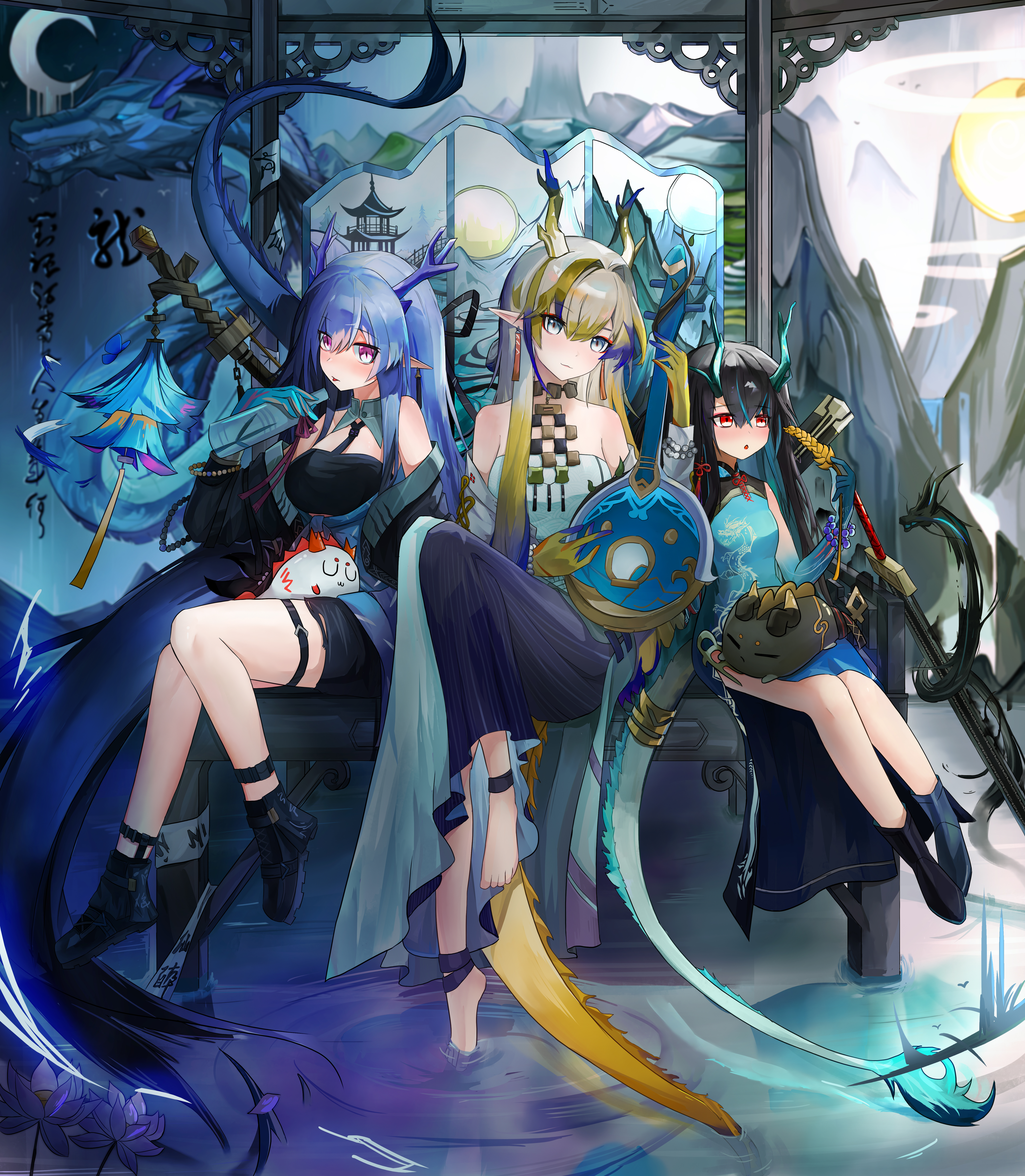 yi ke bo he tang, chongyue (arknights), dusk (arknights), ling (arknights), nian (arknights), shu (arknights), arknights, absurdres, highres, 2others, 3girls, bead necklace, beads, blonde hair, blue hair, breasts, china dress, chinese clothes, dragon bubble (arknights), dragon girl, dragon horns, dragon tail, dress, earrings, eastern dragon horns, eastern dragon tail, gradient hair, green eyes, hair ornament, holding, horns, jewelry, long hair, long sleeves, looking at viewer, medium breasts, multicolored hair, multiple girls, multiple others, necklace, pointy ears, purple eyes, red eyes, shirt, siblings, sisters, sleeveless, sleeveless dress, strapless, strapless shirt, tail, tassel, tassel earrings, thigh strap, very long hair, white shirt