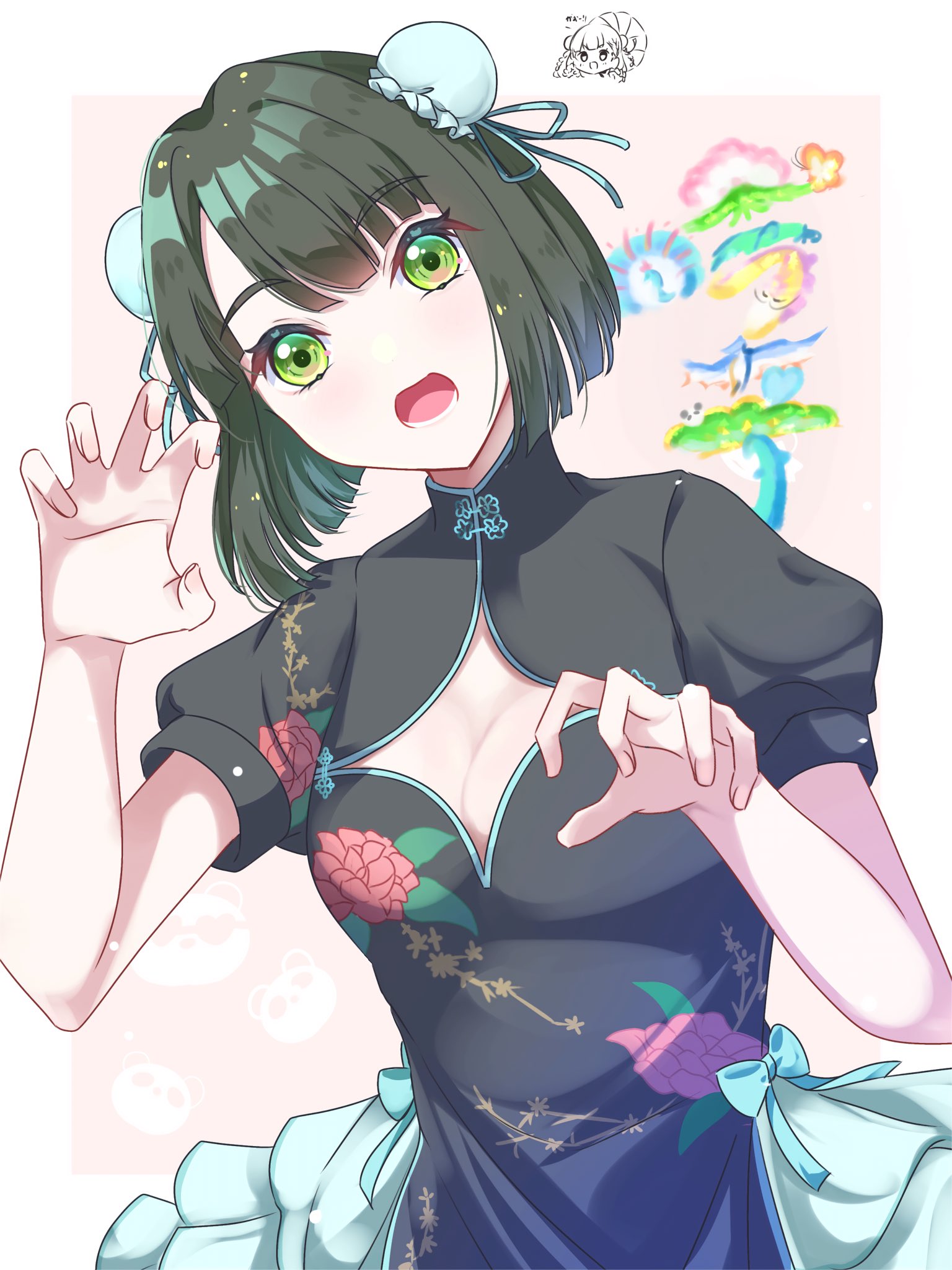 sakari (pear 8 ll), anyoji hime, momose ginko, link! like! love live!, love live!, commentary request, highres, 2girls, black shirt, blue ribbon, blue skirt, blunt bangs, blunt ends, bob cut, border, breasts, chibi, chibi inset, chinese clothes, claw pose, cleavage, cleavage cutout, clothing cutout, double bun, frilled skirt, frills, green eyes, green hair, hair bun, hair ribbon, looking at viewer, medium breasts, multiple girls, official alternate costume, outside border, pink background, puffy short sleeves, puffy sleeves, ribbon, shirt, short hair, short sleeves, skirt, solo focus, upper body, virtual youtuber, white border