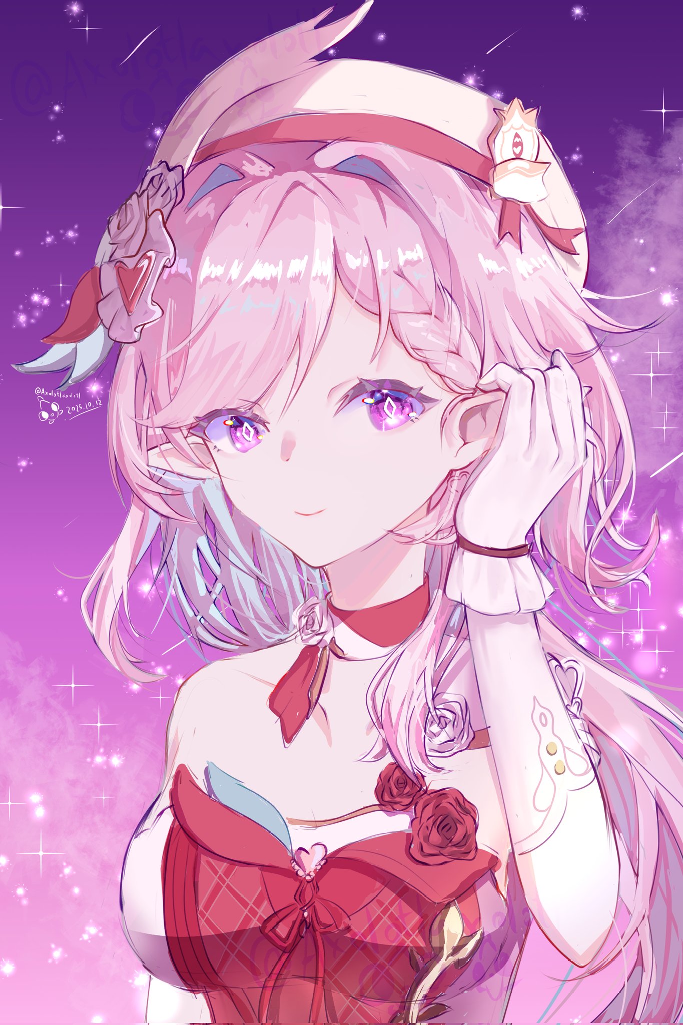 elysia (hi love elf) (honkai impact), elysia (honkai impact), honkai (series), honkai impact 3rd, commentary, highres, 1girl, axolotlaxolotls, bare shoulders, beret, breasts, diamond-shaped pupils, diamond (shape), dress, elf, garter straps, hat, large breasts, long hair, pink hair, pointy ears, purple eyes, purple sky, red dress, sky, smile, solo, star (sky), starry sky, symbol-shaped pupils, upper body, very long hair, white garter straps