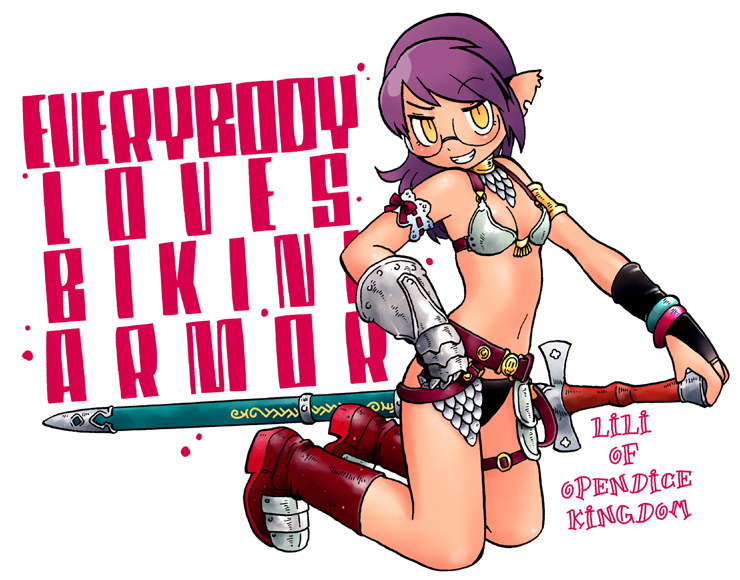 hayami rasenjin, lily (open dice kingdom), meikyuu kingdom, open dice kingdom, original, 1girl, armor, belt, bikini armor, boots, bracelet, bridal gauntlets, english text, female focus, glasses, grin, jewelry, midriff, naughty face, navel, pointy ears, purple hair, smile, solo, sword, weapon, yellow eyes