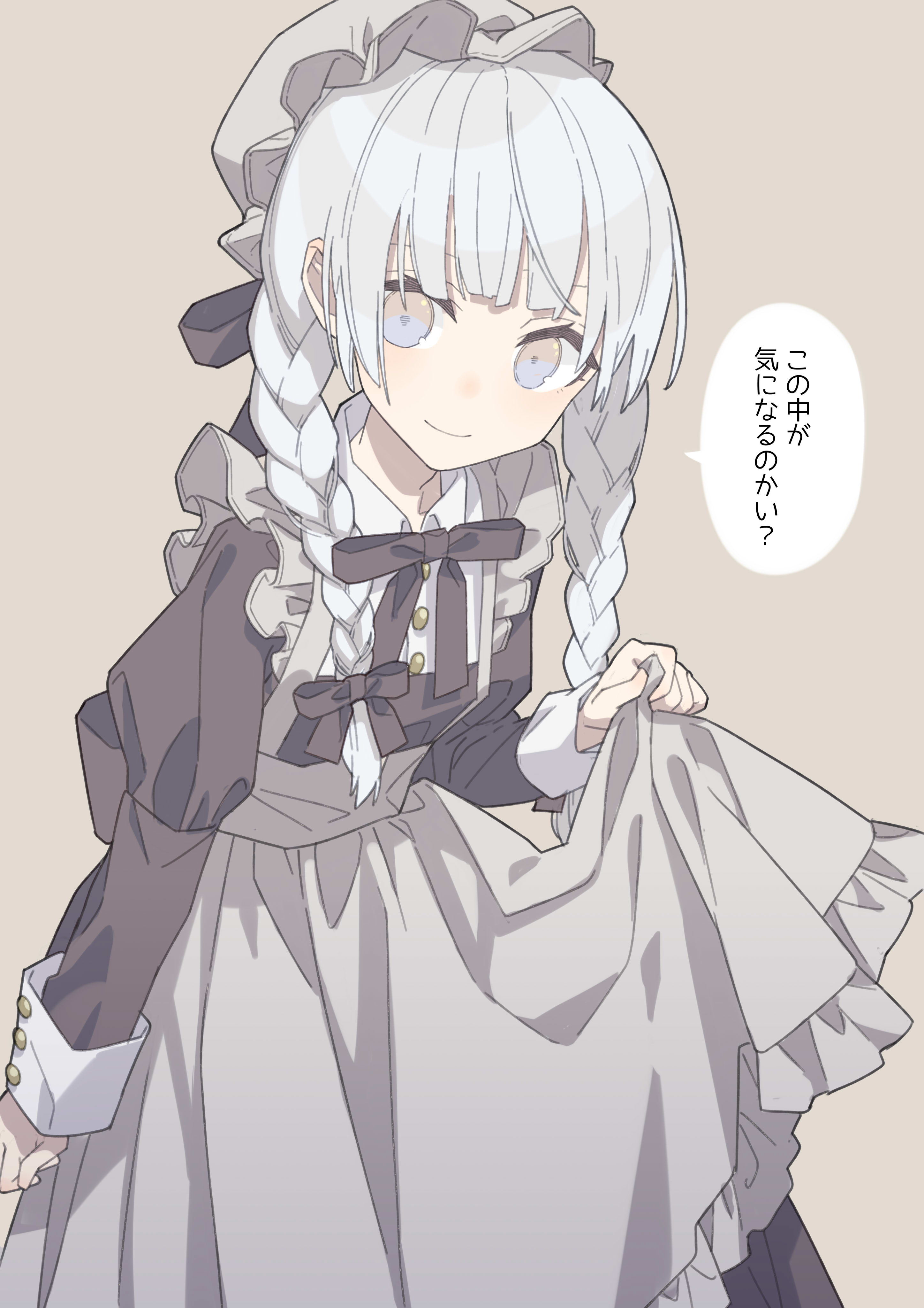 amezaza, okino tsukasa, juusan kihei bouei ken, absurdres, highres, translation request, 1boy, apron, black dress, braid, crossdressing, crossdressing (mtf), dress, grey eyes, hat, juliet sleeves, long hair, long sleeves, looking at viewer, low twin braids, maid, maid apron, male focus, male maid, mob cap, puffy sleeves, simple background, smile, solo, speech bubble, trap, twin braids, white hair