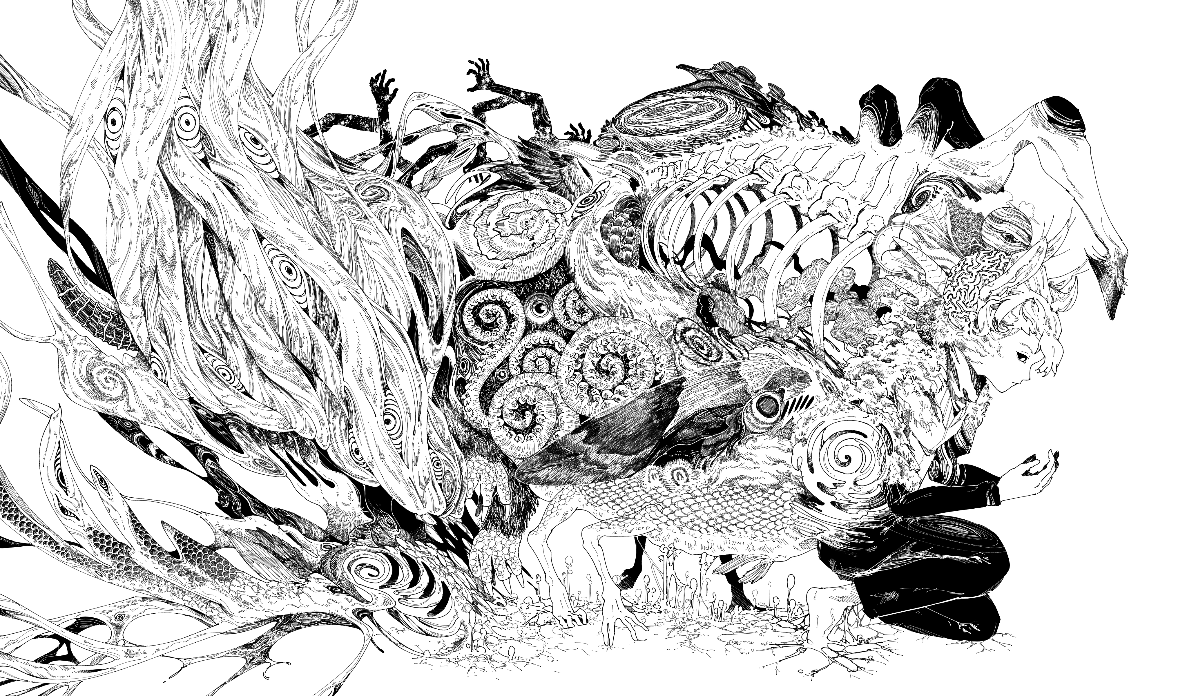 original, absurdres, commentary, commentary request, english commentary, highres, mixed-language commentary, 1other, ambiguous gender, chimera, from side, greyscale, horror (theme), kneeling, kumonoshiori, lineart, long sleeves, monochrome, pants, solo