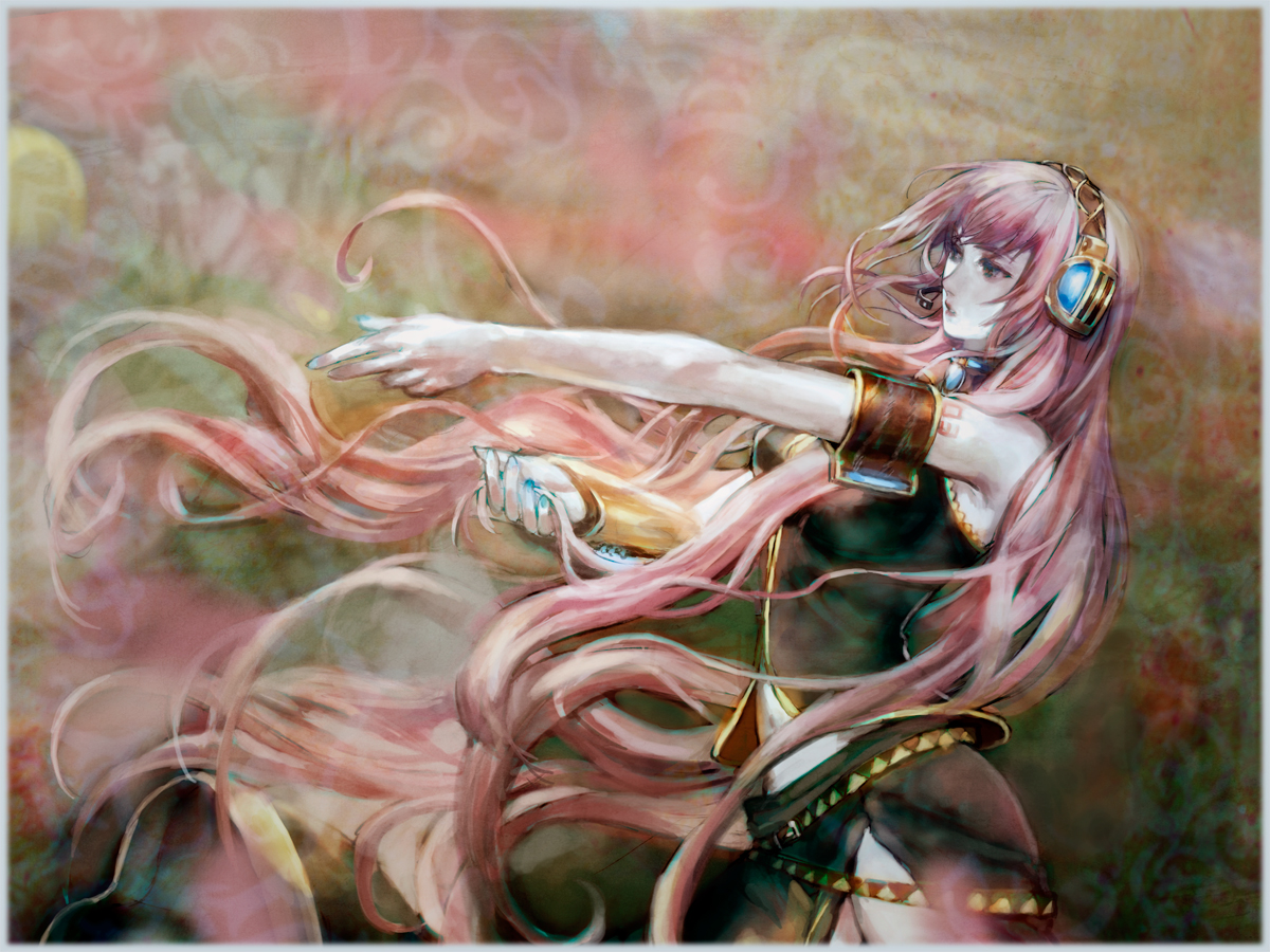 tomatika, megurine luka, vocaloid, bad id, bad pixiv id, 1girl, armband, blue nails, female focus, headset, long hair, nail polish, pink hair, solo, very long hair