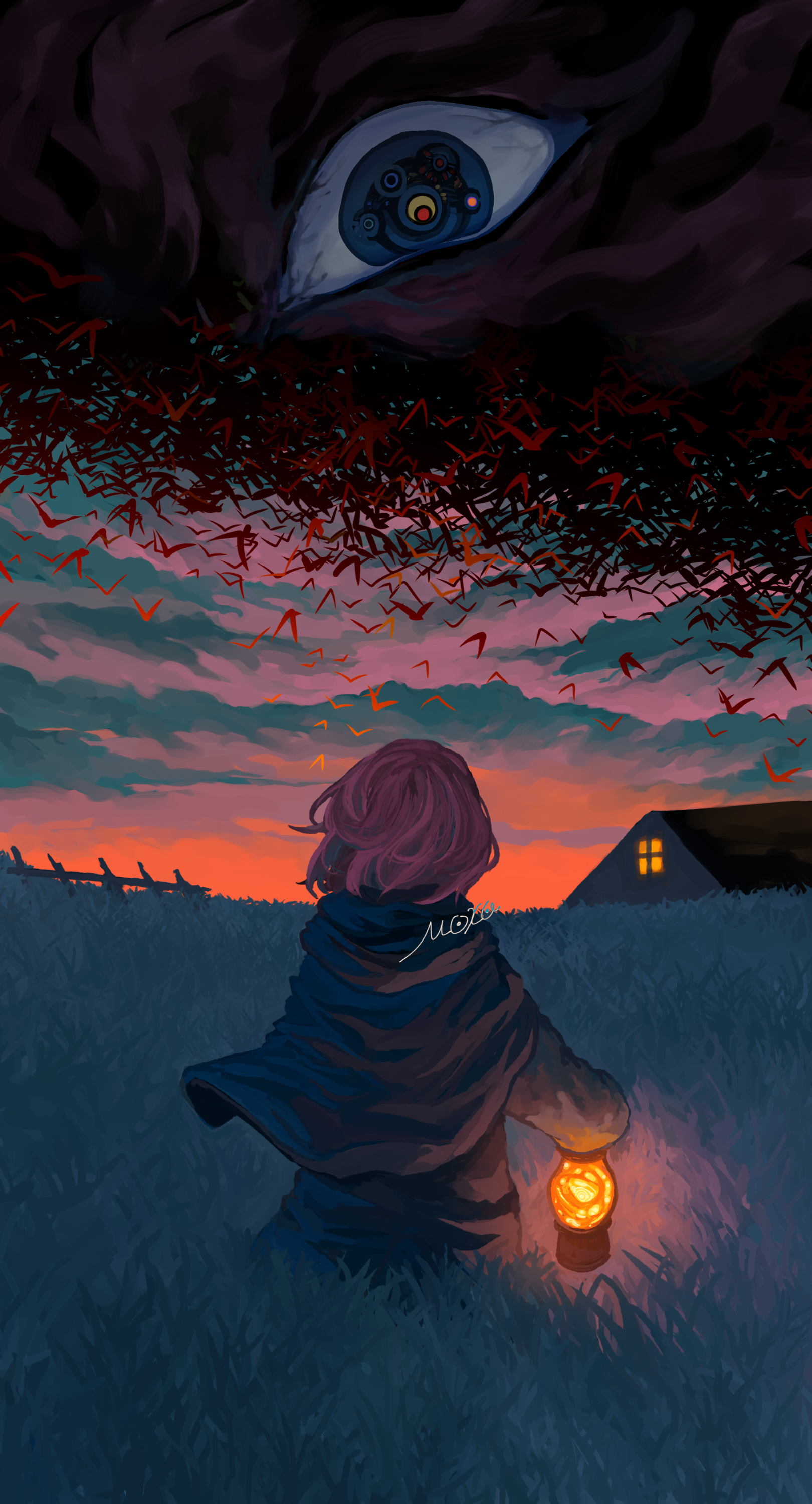 original, absurdres, commentary request, highres, 1girl, black cloak, black shirt, building, cloak, cloud, cloudy sky, dusk, eyeball, field, flock, from behind, holding, holding lantern, horror (theme), kumonoshiori, lantern, long sleeves, medium hair, outdoors, pink hair, shirt, signature, simple bird, sky, solo, standing