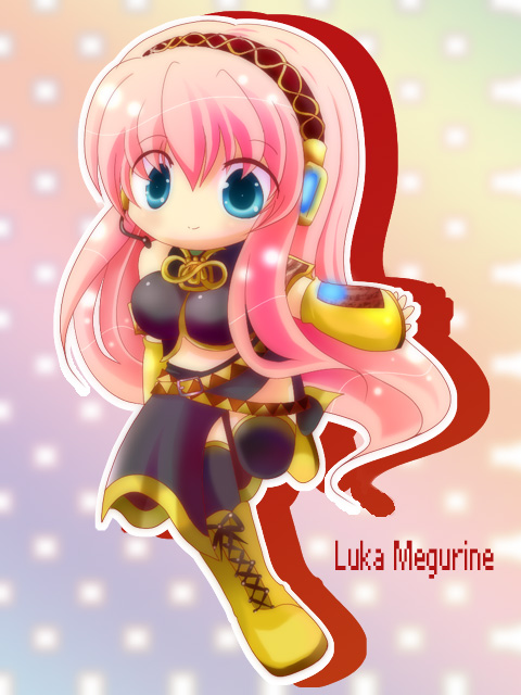 kureyondo, shiina, megurine luka, vocaloid, blue eyes, boots, chibi, headset, knee boots, long hair, pink hair, solo, thighhighs
